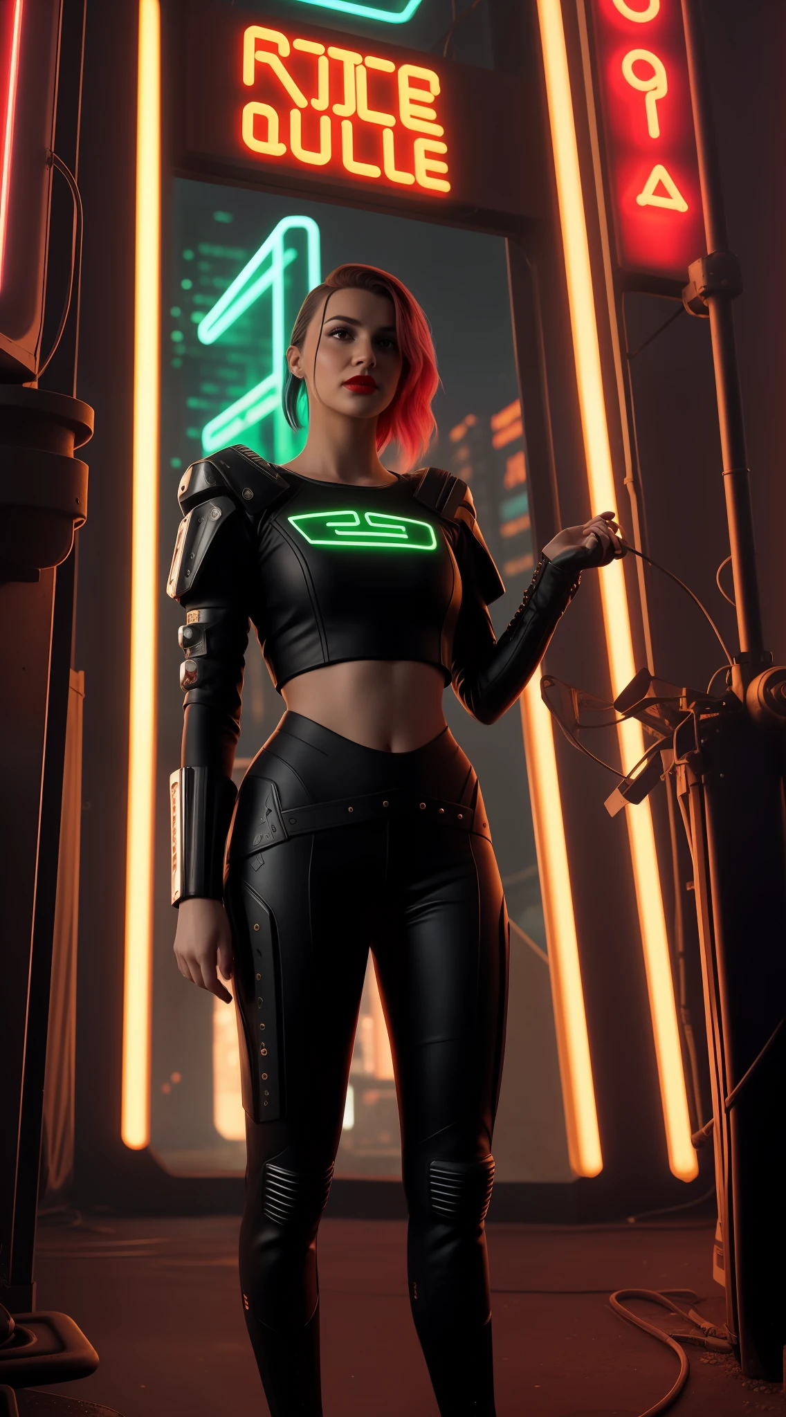 Full body view, close-up, uma supermodelo russa muito bonita, cabelos loiros, side cut hair, com quadris muito largos e cintura estreita, full lips, cintura pequena e quadris grandes, Red lipstick, com roupas cyberpunk em uma cidade cyberpunk movimentada com placas de neon, neon lights, foco nítido, Studio photo, detalhes intrincados, altamente detalhado, profundidade de campo, foco nítido, High detail, textura de pele realista, Realistic, fotorrealista, arte digital, pintura fosca, Directed by: Greg Rutkowski