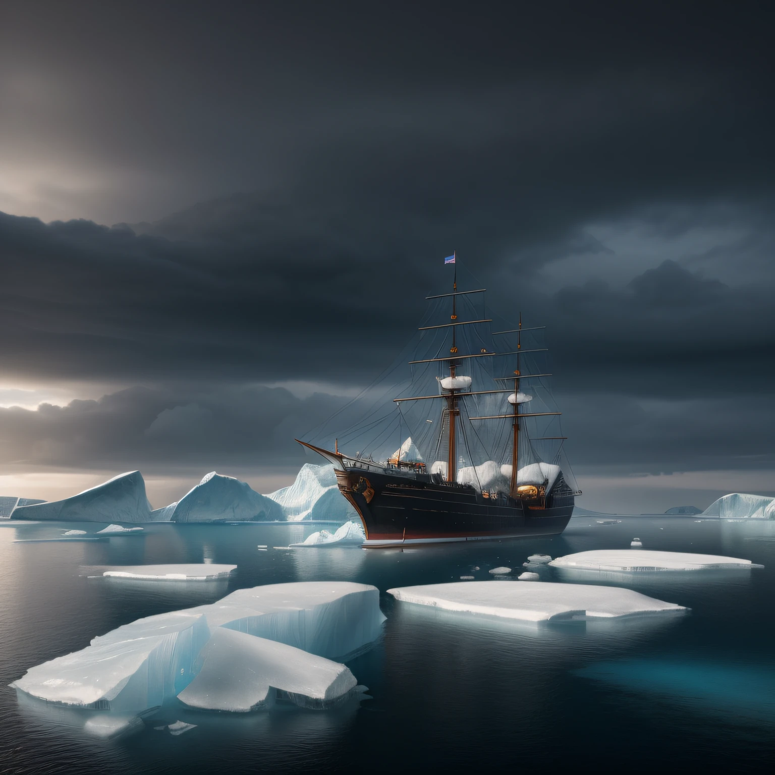 (extremely detailed CG unity 8k wallpaper, masterpiece, best quality, ultra-detailed), best illumination, best shadow, a pirate ship sailing through icebergs, deep blue sea, white snow, frozen water, misty atmosphere, dynamic composition, ominous clouds, high resolution.