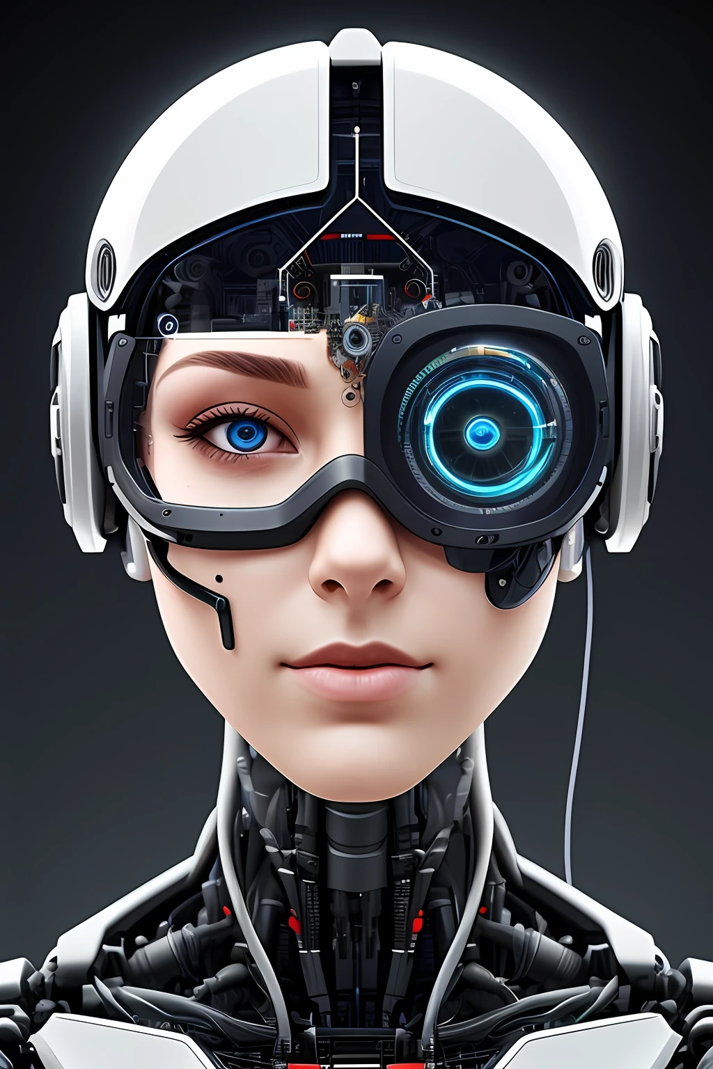 Cyborg face |Mechanical forehead,Mechanical cheeks,Mechanical hair,Connecting wire hair,Female positive |Flesh-colored skin |Electronic systems: overhead humanoid robots |The details of the brain are right in front of you |Detailed connecting lines for the face |Biopunk |scybernetic |cyber punk perssonage |Canon M50|100mm|sharp fokus |ultra-realistic realism |The is very detailed|intricately details |Front view |head straight-looking at viewer |1 head per body,face to the viewer,Complex mechanical masks,Complex mechanical helmets,Fluorescence