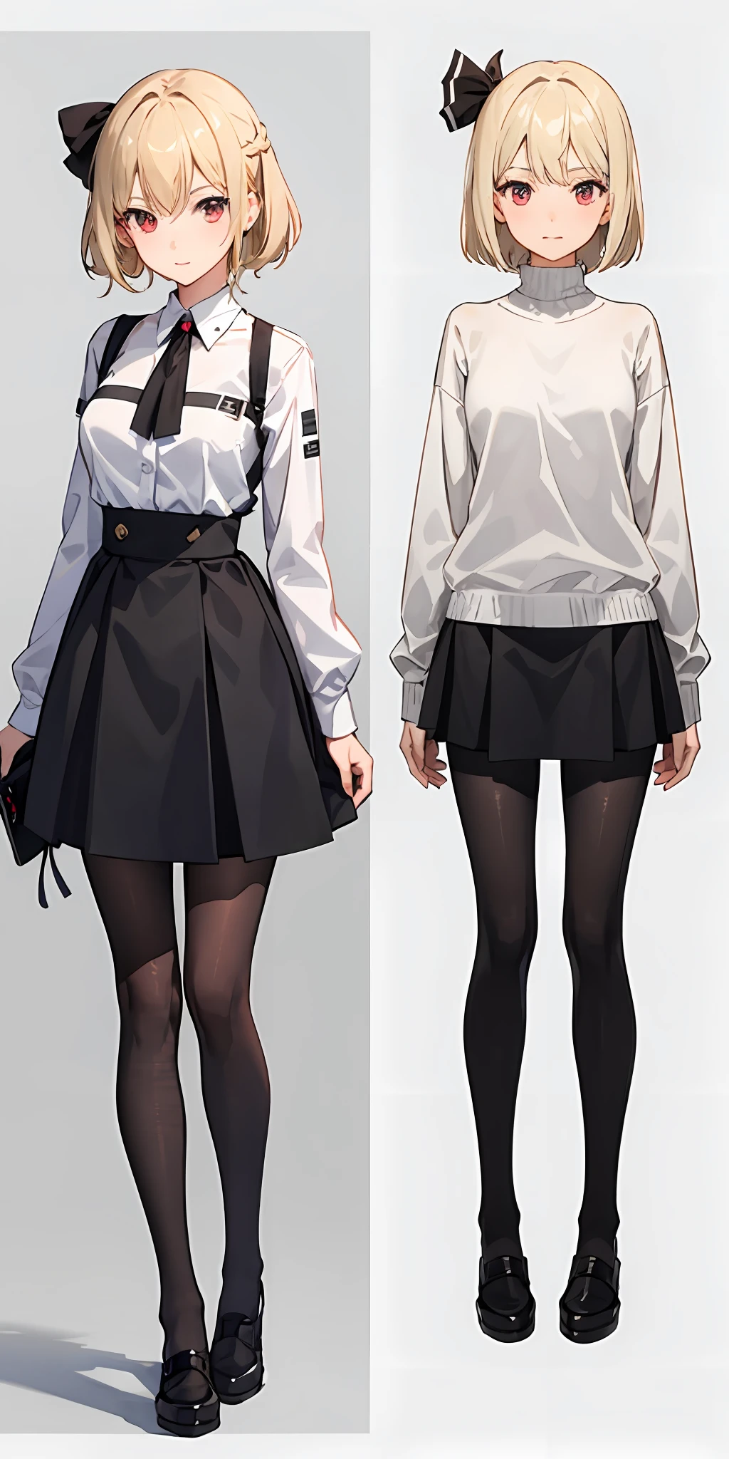 tmasterpiece， best qualtiy， （white backgrounid， simplebackground：1.5）， 1girll， （konpaku youmu：1.1）， blond hairbl， short detailed hair， red eyes， whitesweater， black micro skirt，Black tights，looking at viewert， mediuml breasts