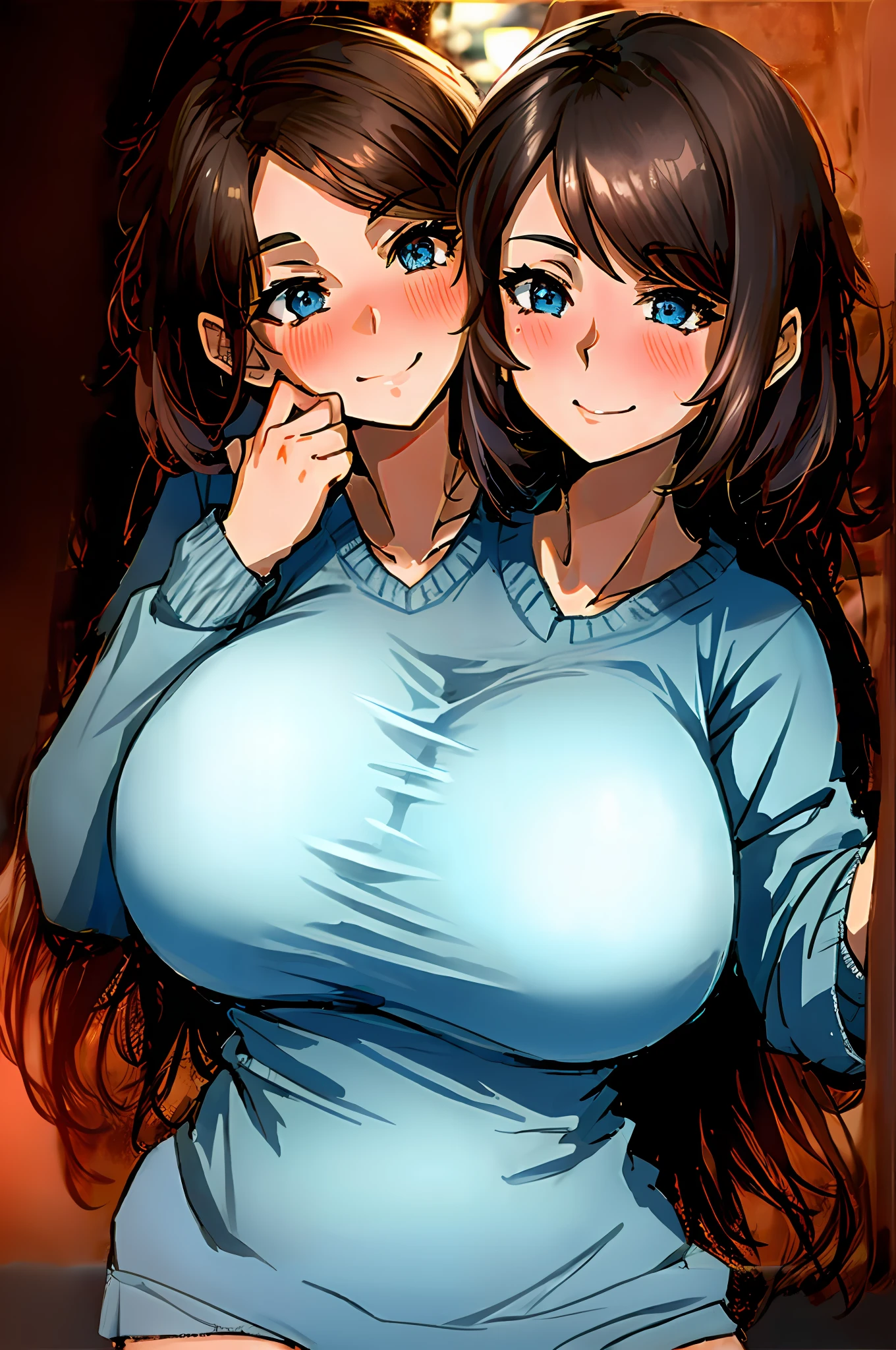 2heads, tribreasts, solo, close up, posing, long brown hair, blue sweater, outside, kissing herself, both heads kissing, blushing, enormous breasts. Gigantic breasts, massive breasts. Disproportionately huge breasts. Smiling wide. Huge boobs.