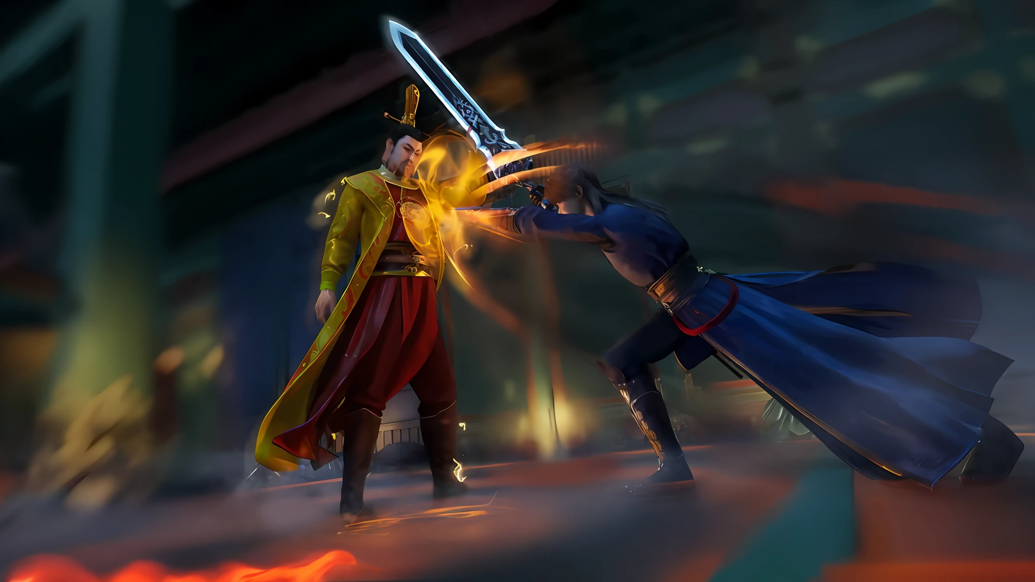 Battle scenes of sword battle heroes and ghouls,The sword technique is gorgeous,Flames abound。The graphics are full of tension and dueling,The city streets at night set off the fierce battle between these two heroes and demons,Flickering fire illuminates the entire scene,It's exciting!