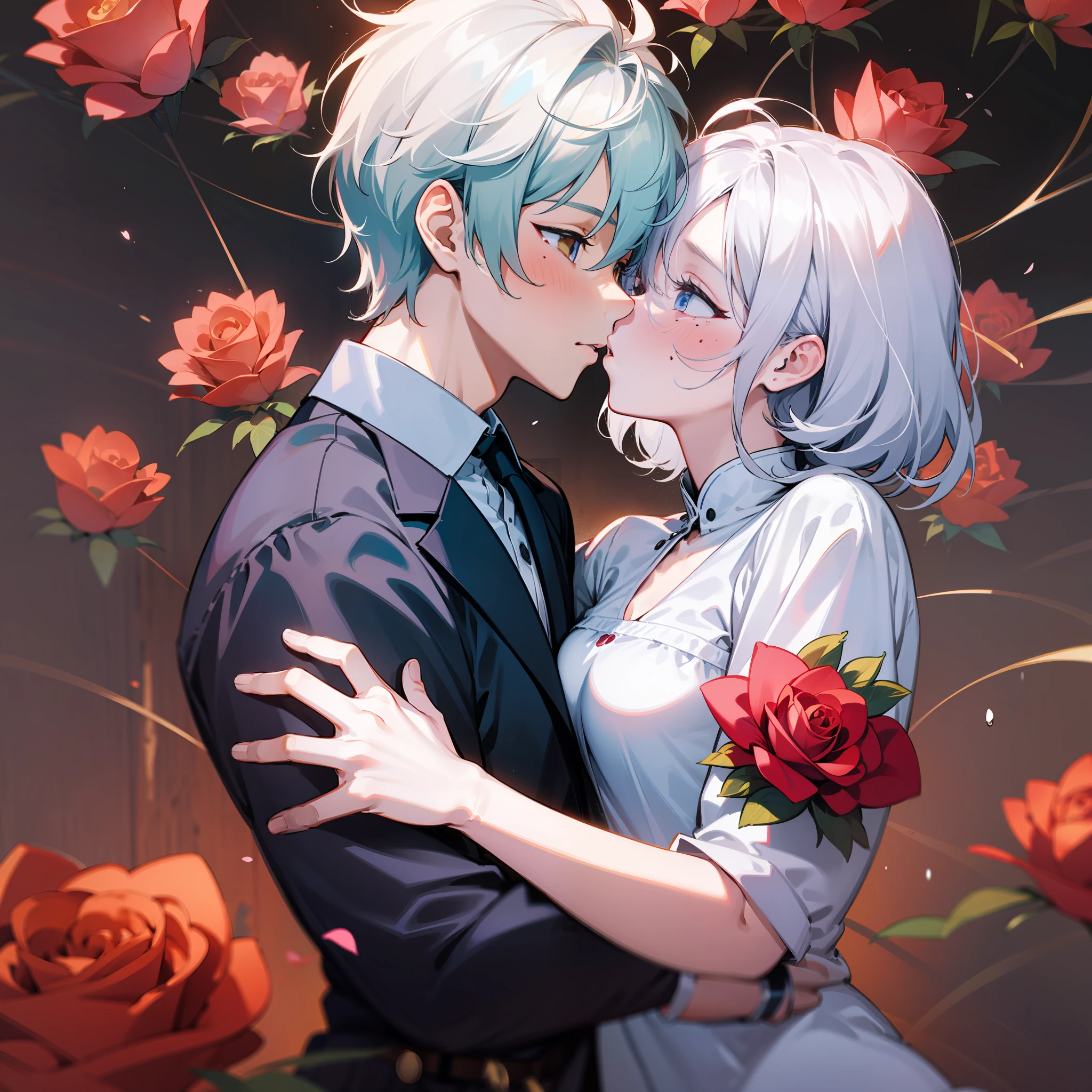 k hd，Extreme picture quality，two guys，a young man and a woman，The girl has short white hair，The boy's hair is half black and half white，Kiss each other，hugs，Girl one shoulder red dress，爆乳，Boy in shirt，The boy has tear moles in the corners of his eyes，at the lakes，Roses bloom，