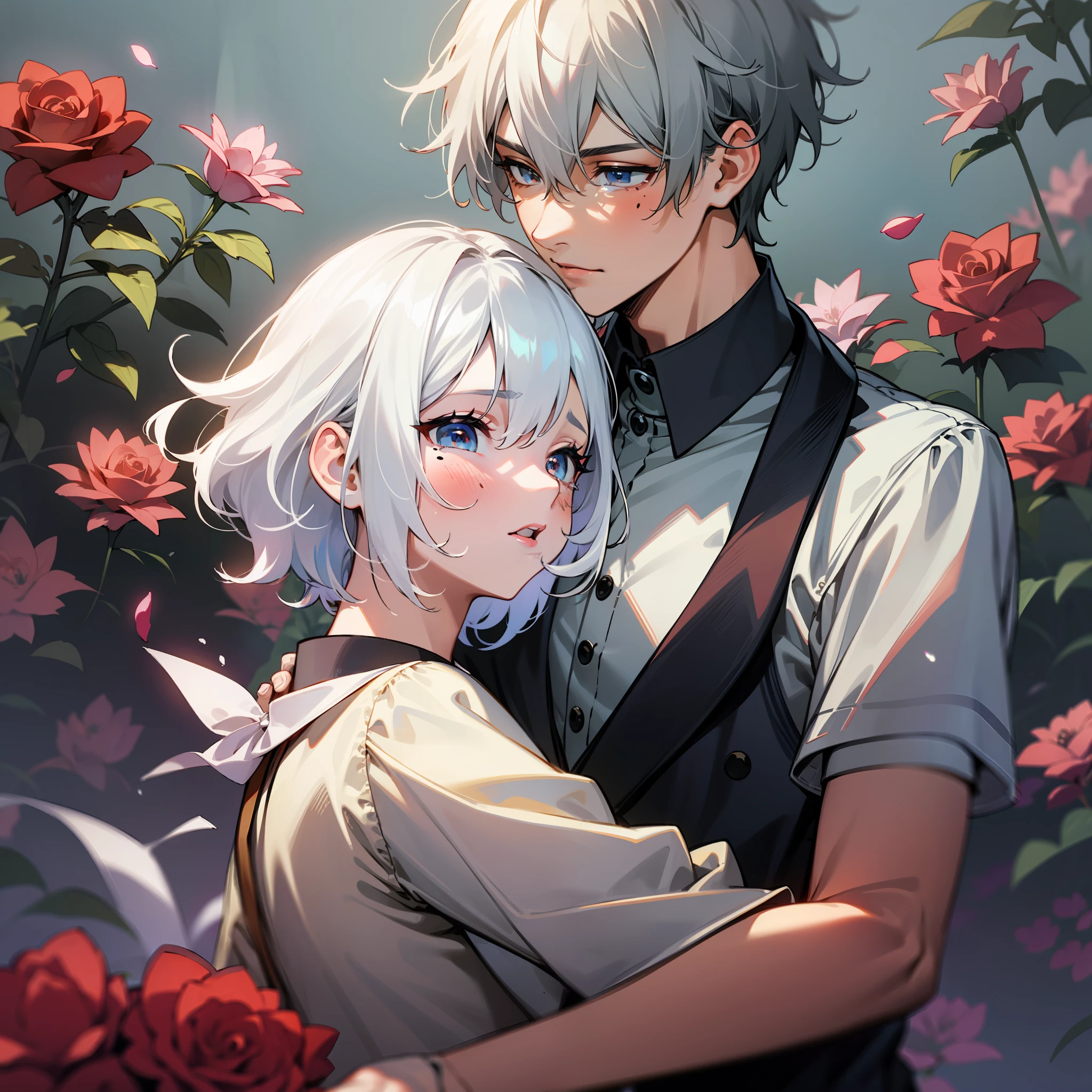 k hd,Extreme picture quality,two guys,a young man and a woman,The girl has short white hair,The boy's hair is half black and half white,Kiss each other,hugs,Girl one shoulder red dress,爆乳,Boy in shirt,The boy has tear moles in the corners of his eyes,at the lakes,Roses bloom,