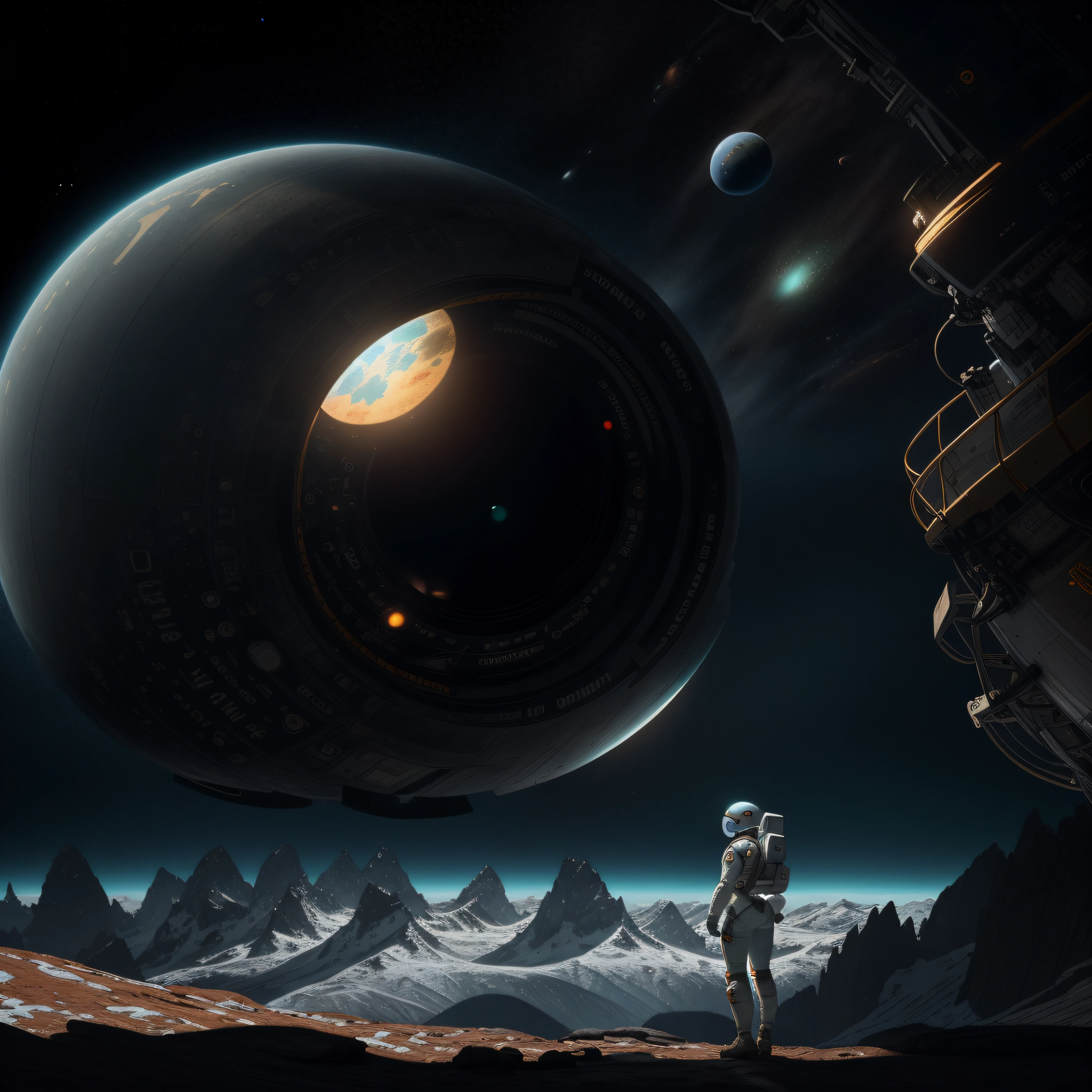 rear angle, Highly detailed RAW color Photo, Rear Angle, Full Body, of (female space soldier, wearing orange and white space suit, helmet, tined face shield, rebreather, accentuated booty), outdoors, (looking up at advanced alien structure, on alien planet), toned body, big butt, (sci-fi), (mountains:1.1), (lush green vegetation), (two moons in sky:0.8), (highly detailed, hyperdetailed, intricate), ((DAY TIME)), (lens flare:0.7), (bloom:0.7), particle effects, raytracing, cinematic lighting, shallow depth of field, photographed on a Sony a9 II, 50mm wide angle lens, sharp focus, cinematic film still from Gravity 2013, from behind