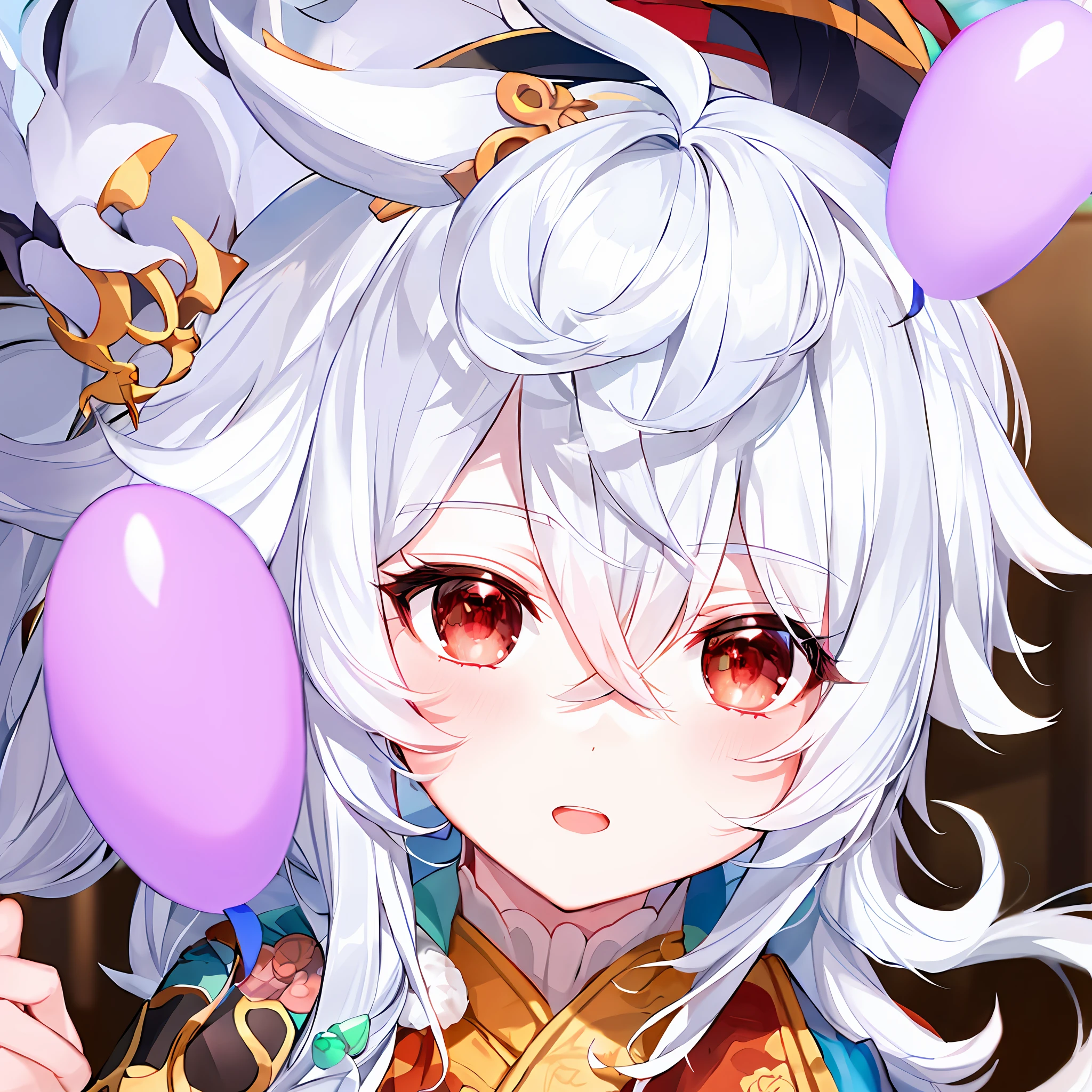 Anime boy with white hair and red eyes holding a balloon, White-haired god, White-haired wolf cub, Gray hair naked, white haired Cangcang, Keqing from Genshin Impact, Loli, onmyoji portrait, a silver haired mad, shikamimi, Ayaka Genshin impact, Genshin, Also, zhongli from genshin impact, Anime moe art style