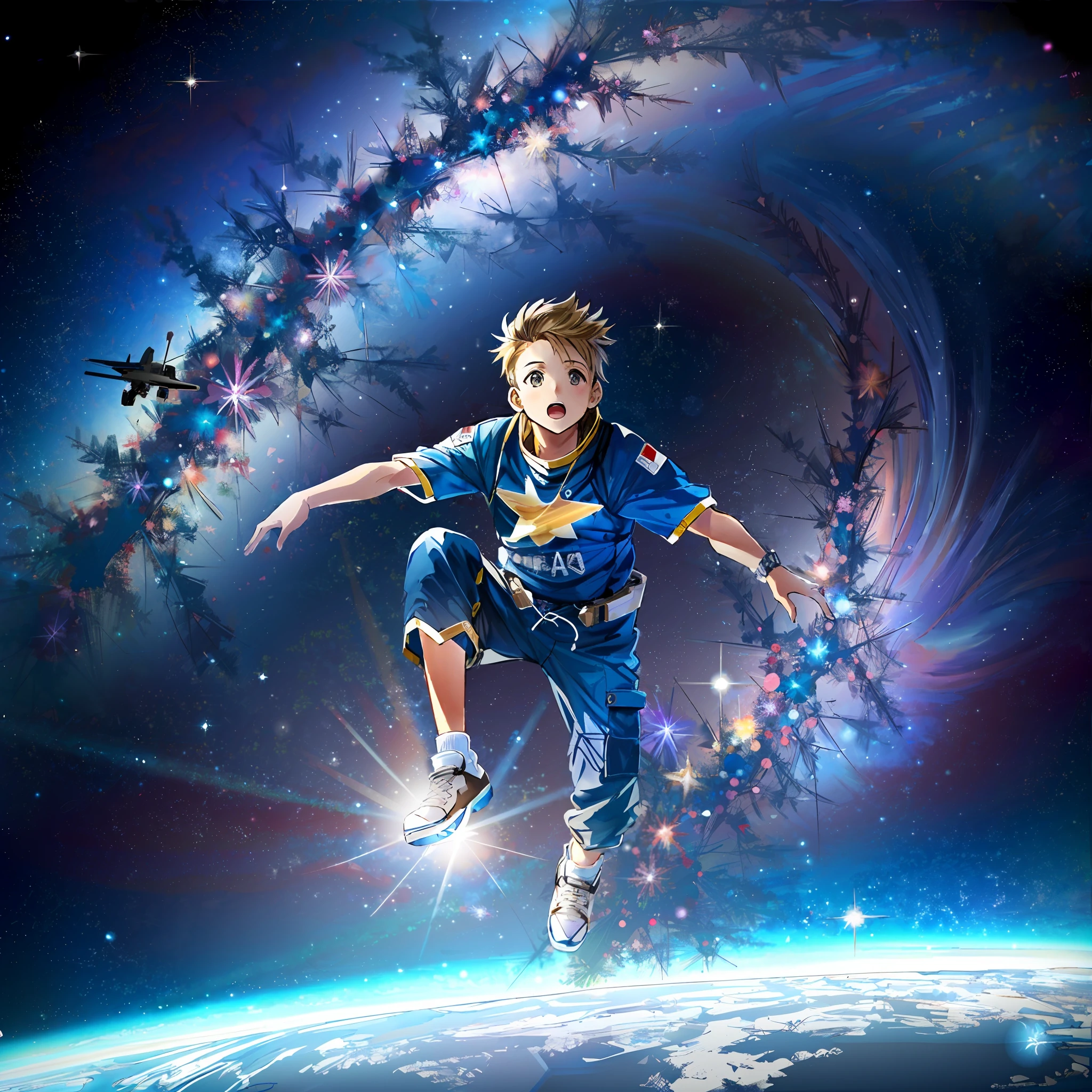 There is a frightened child who is flying through the air in a futuristic space suit, floating in the space, floating in outer space, de viagens espaciais, floating in the space, surreal space, floating in deep space, flying in space, floating through space, flutuando no universo, Flutuando na Nebulosa do Cosmos, Epic lost in space, in outer space, Fantasia De Alta Qualidade Foto Stock --auto