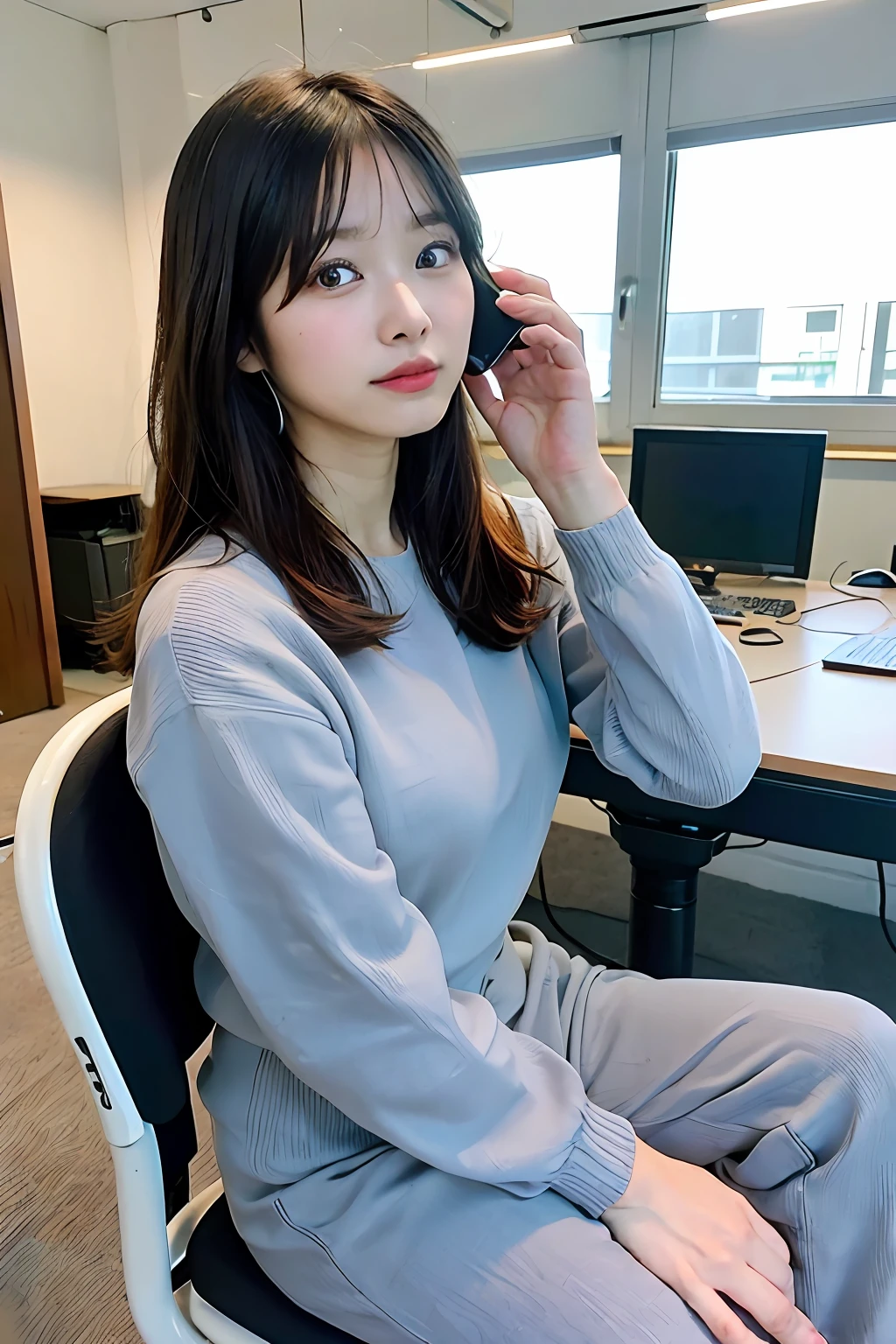 (Ayano Omoto sitting at a desk having a telephone conversation with an annoyed expression:1.4), (masterpiece, best quality, 8k, super detailed skin, super detailed eyes, super detailed eyes, super detailed nose:1.4), 1girl, office lady, phone, office chair, desk, computer, annoyed, whole full body, from below,