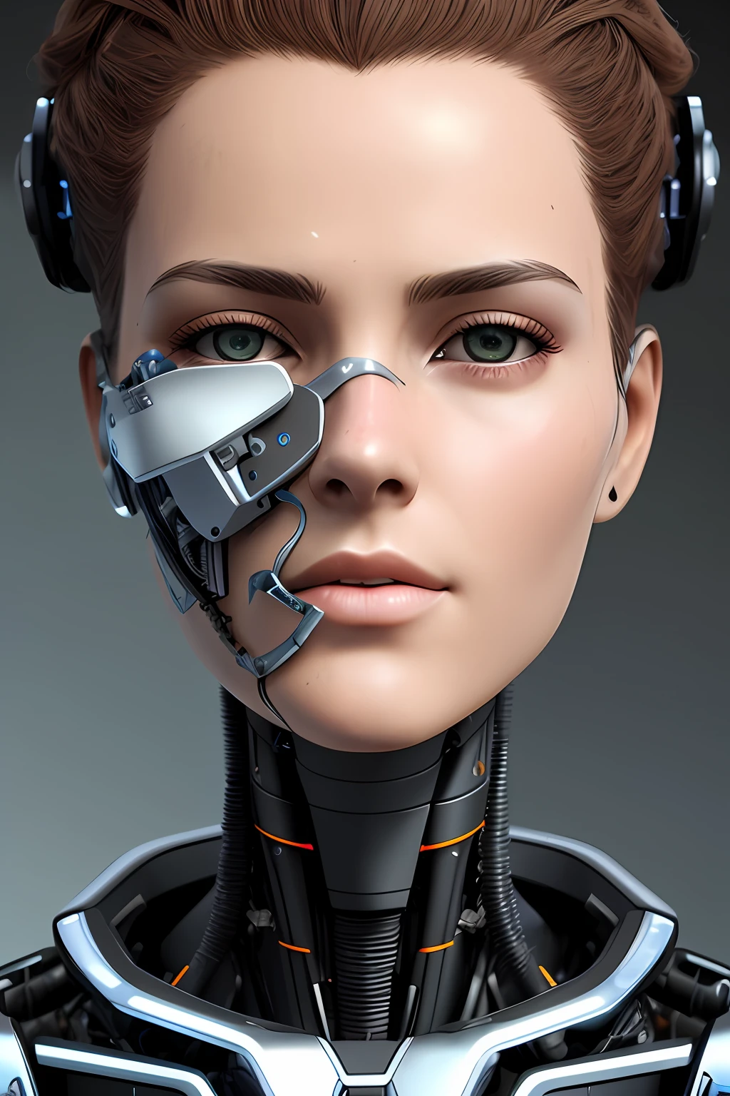 Cyborg face |Mechanical forehead,Mechanical cheeks,Mechanical hair,Connecting wire hairs,Female positive |Flesh-colored skin |Electronic systems: overhead humanoid robots |The details of the brain are right in front of you |Detailed connecting lines for the face |Biopunk |scybernetic |cyber punk perssonage |Canon M50|100mm|sharp fokus |ultra-realistic realism |The is very detailed|intricately details |Front view |head straight-looking at viewer |1 head per body,face to the viewer,Complex mechanical masks,Complex mechanical helmets
