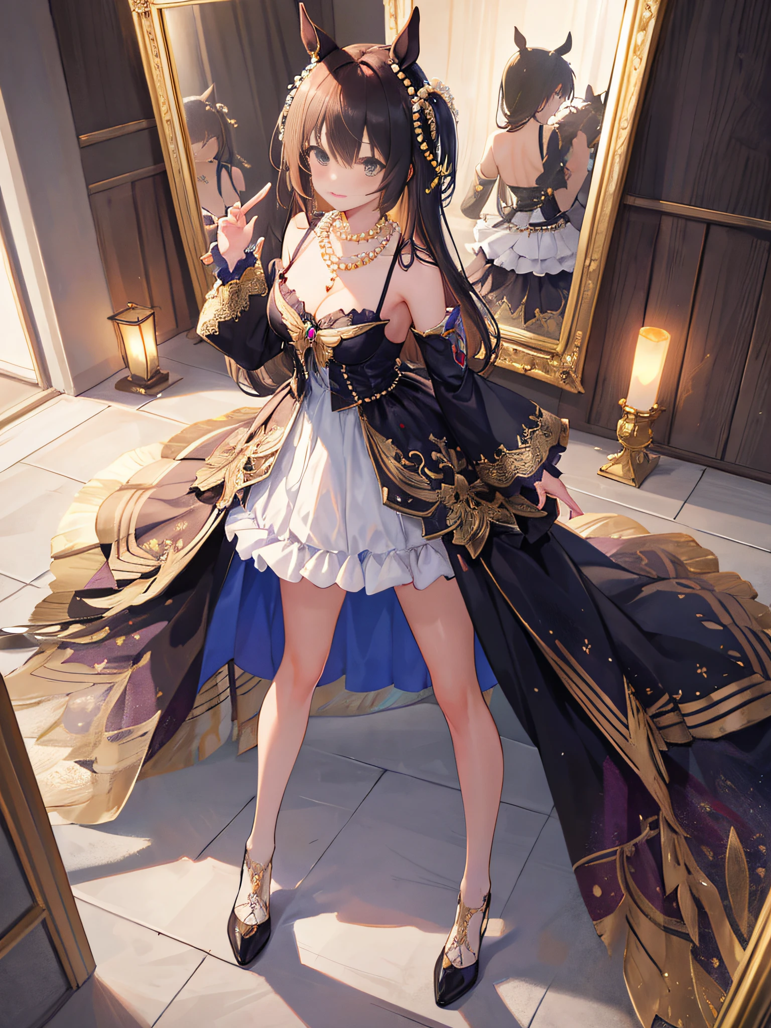 (Masterpiece), (Best quality), (Ultra-detailed), (Solo), 1girll, full body, Complex mirrors, pearls necklace, Embroidery, Sleeve frills, Dress silk overlay, asymmetric dress, Crubnika skirt,Medium-sized breasts, gold city\(umamusume)\, Horse Ears, butterfly style