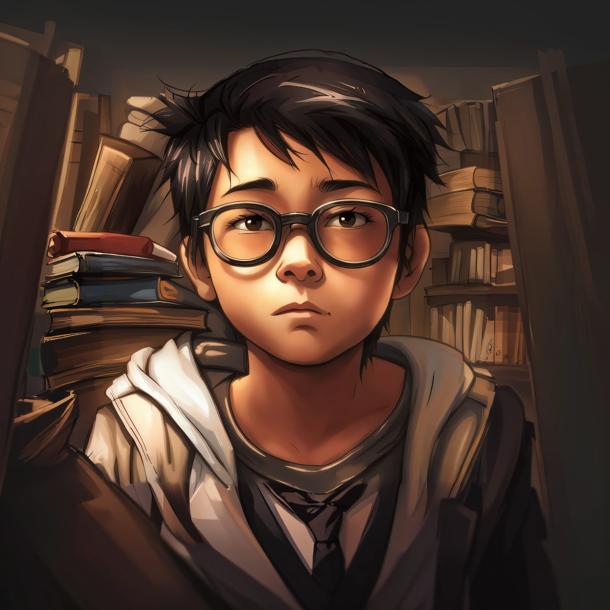 A closeup of a boy wearing glasses in a library, Arte no estilo de Guweiz, Cyril Rolando e Goro Fujita, Rob Rey e Kentaro Miura Estilo, Retrato de Harry Potter, Makoto Shinkai Cirilo Rolando, arte conceitual do menino solteiro, imagem do avatar, inspirado em Goro Fujita, Makoto Shinkai. digital render