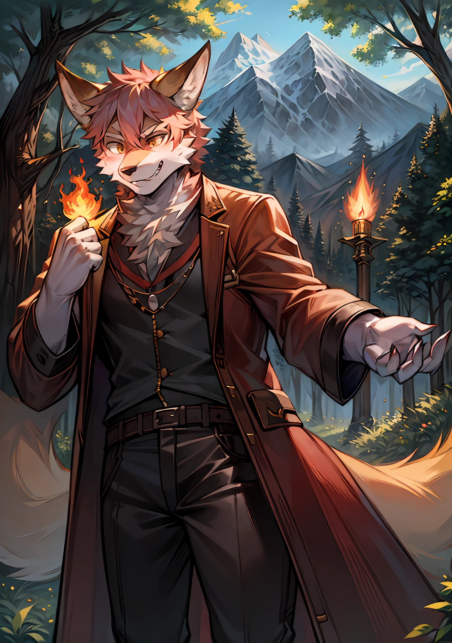 ln the forest，mountain in the distance，14岁，Beast too，red fox，Dorsal arch，kanan，holding a sword，There is a flame in the left hand，Wear adventurer's clothes