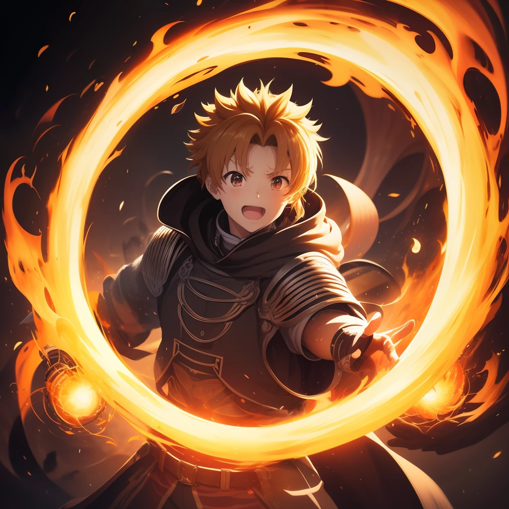 (((Rudeus))),((Obra-prima do anime))), Concentrating multicolored fireball in the hands, vortex, particuls, (sentado), 1 garoto, ambiente de fantasia, (((rindo))),