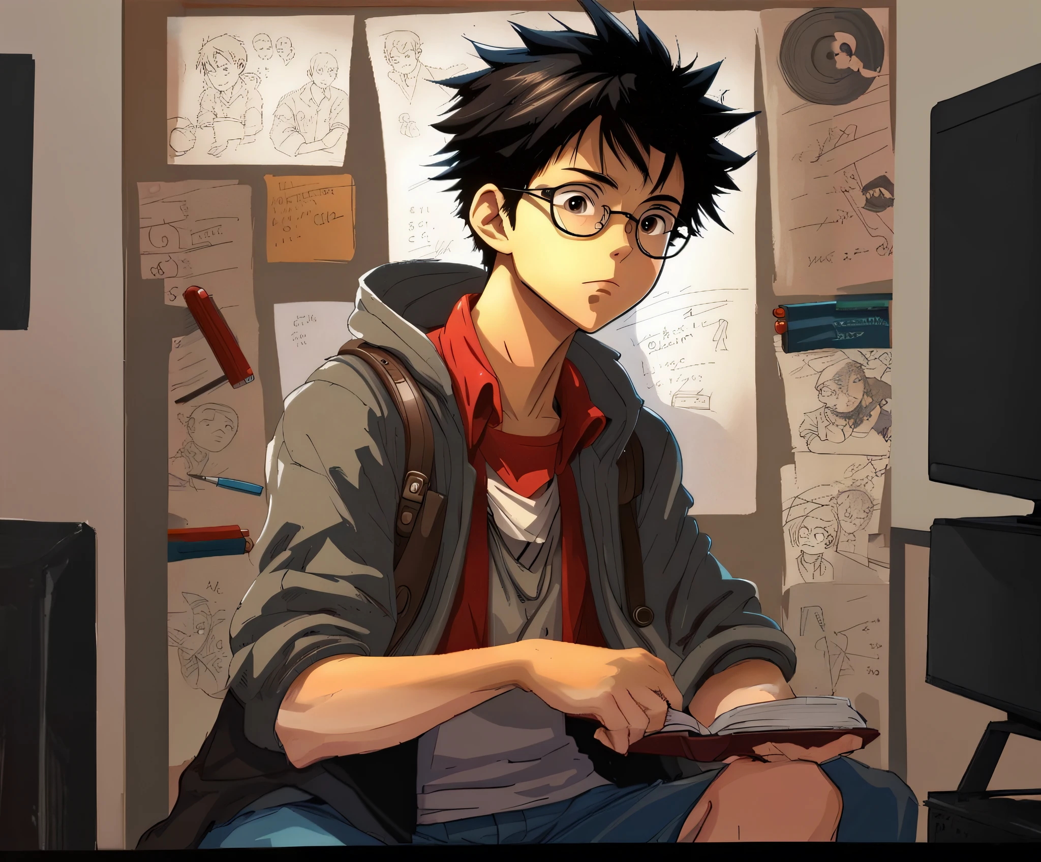 Anime boy with glasses sitting at a table with a book, inspirado em Yumihiko Amano, menino anime, jovem homem de anime, inspirado em Iwao Takamoto, Makoto Shinkai!, arte anime de alta qualidade, como um personagem de anime, Makoto Shinkai!!, estilo anime masculino, estilo anime moderno, em estilo anime, arte de anime realista