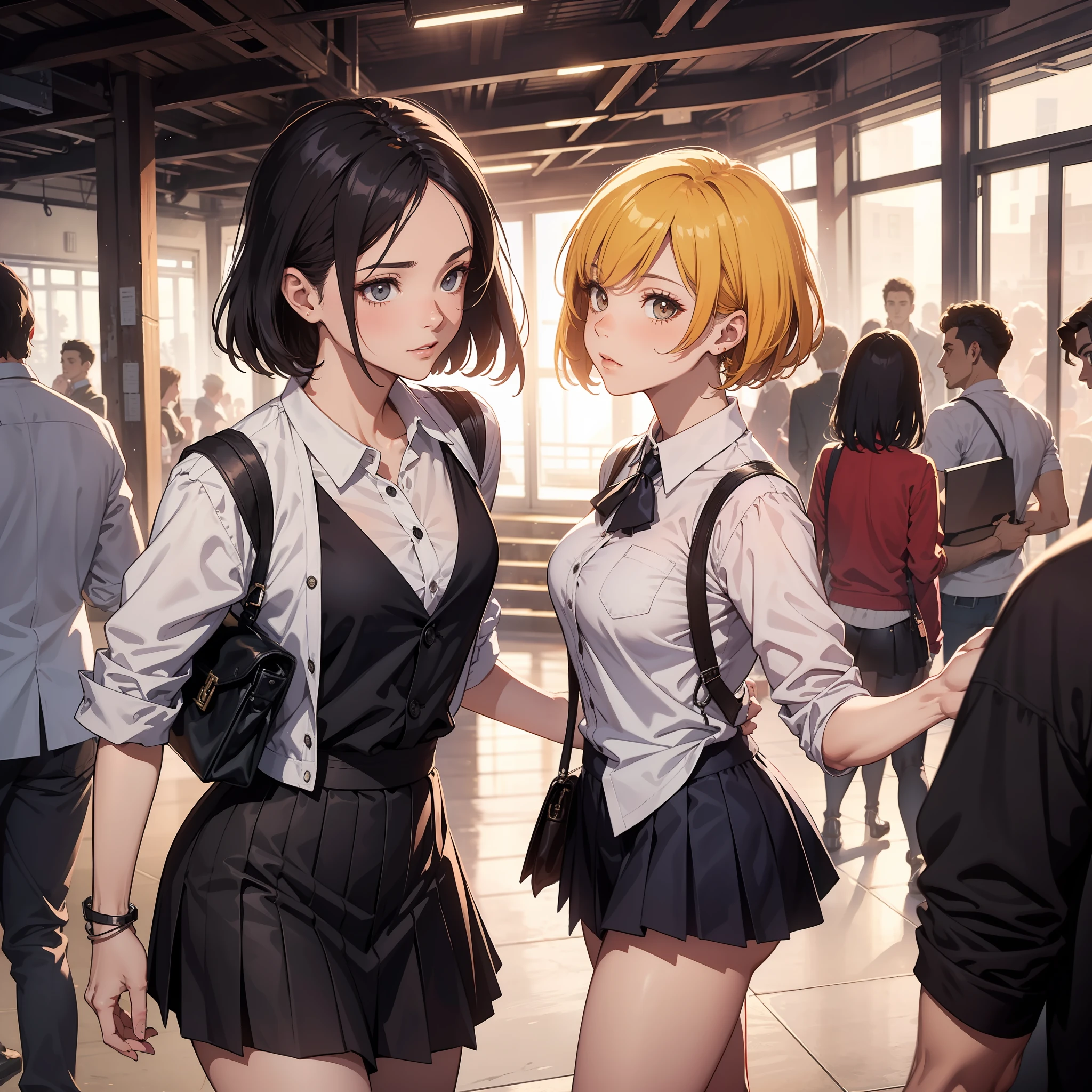 "obra prima, melhor qualidade, Superior quality lighting, sombras excepcionais, 1 man with feminine transvestite traits and his mistress, in college attire with sleeveless skirt, calcinha com bojo, em uma festa caseira."