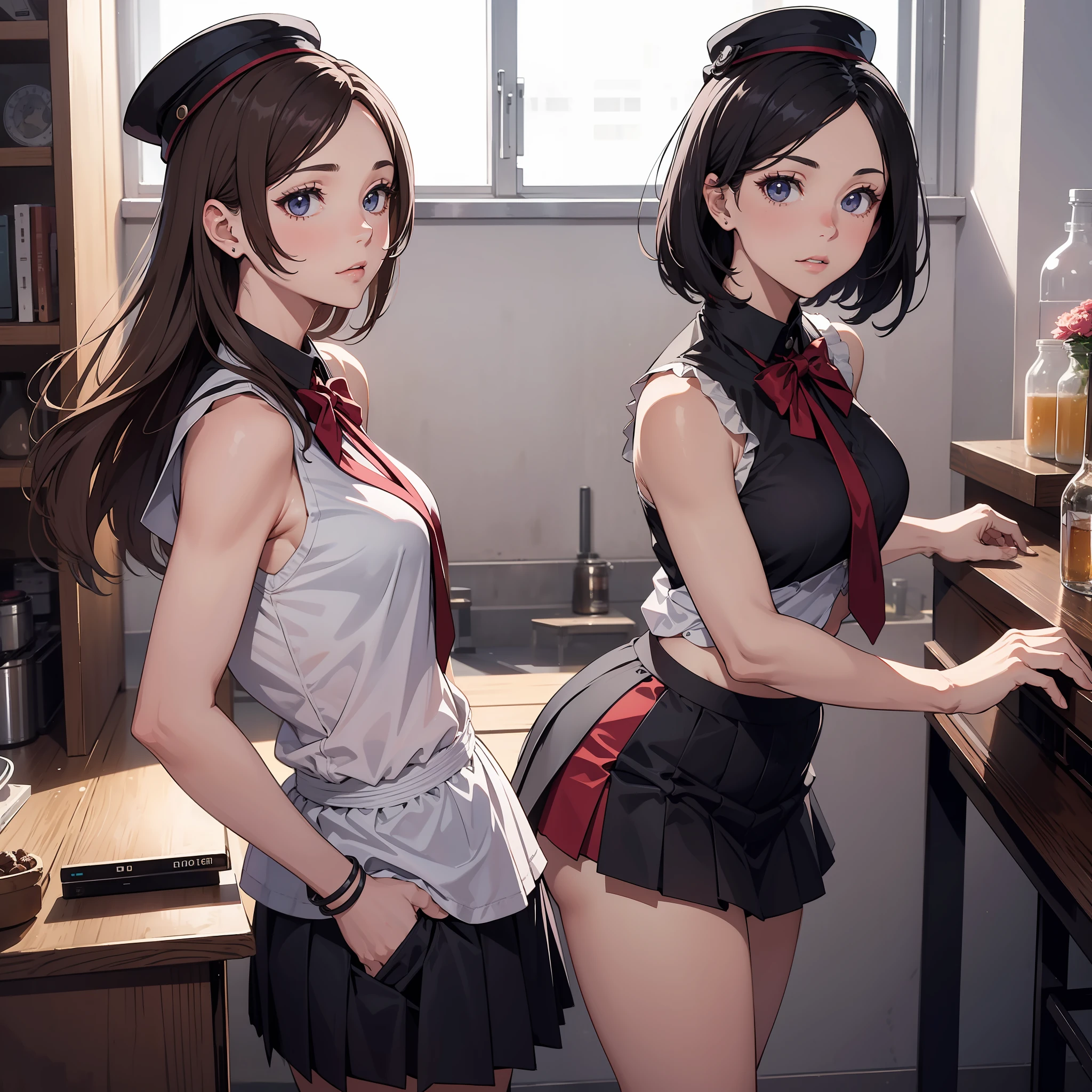 "obra prima, melhor qualidade, Superior quality lighting, sombras excepcionais, 1 man with feminine transvestite traits and his mistress, in college attire with sleeveless skirt, calcinha com bojo, em uma festa caseira."