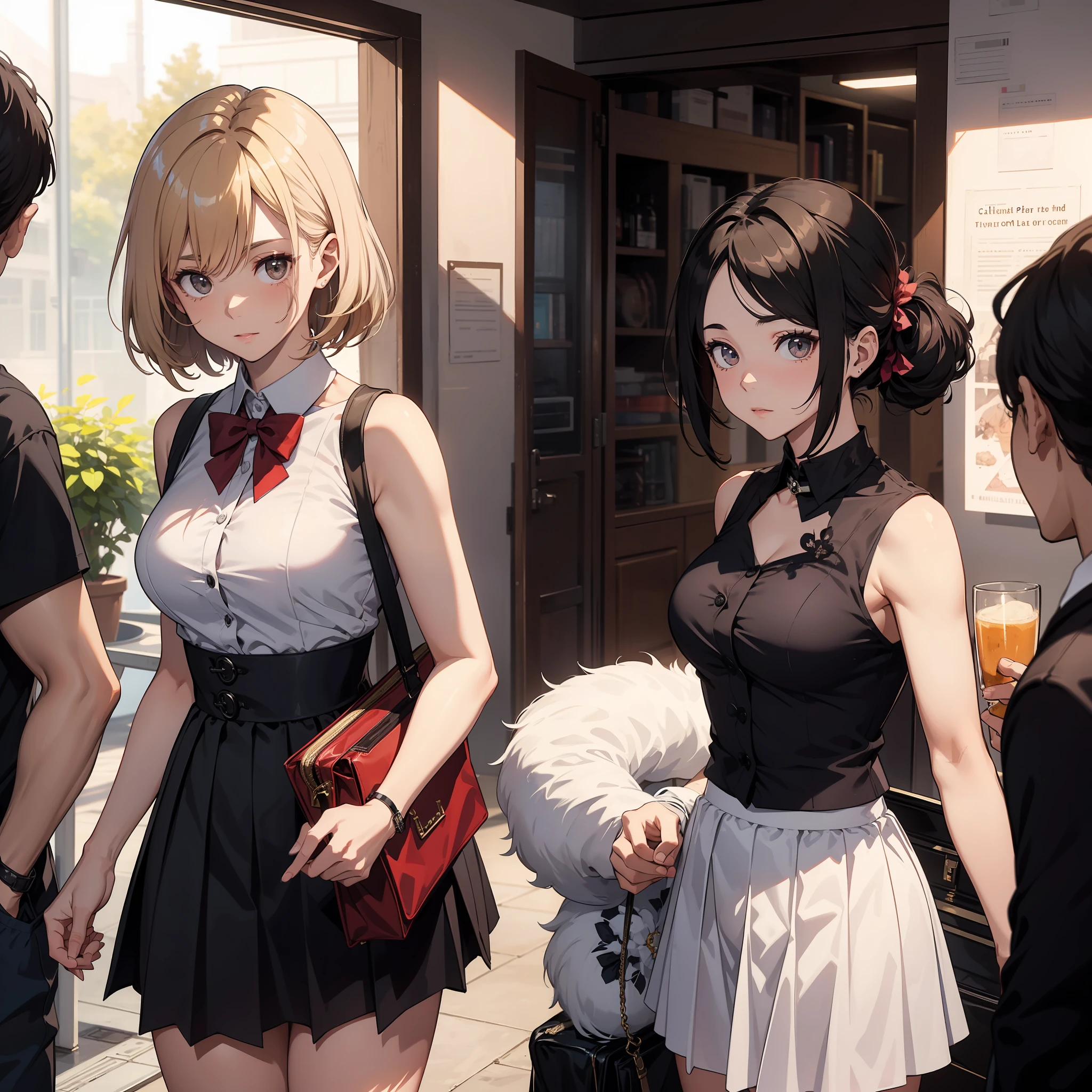 "obra prima, melhor qualidade, Superior quality lighting, sombras excepcionais, 1 man with feminine transvestite traits and his mistress, in college attire with sleeveless skirt, calcinha com bojo, em uma festa caseira."