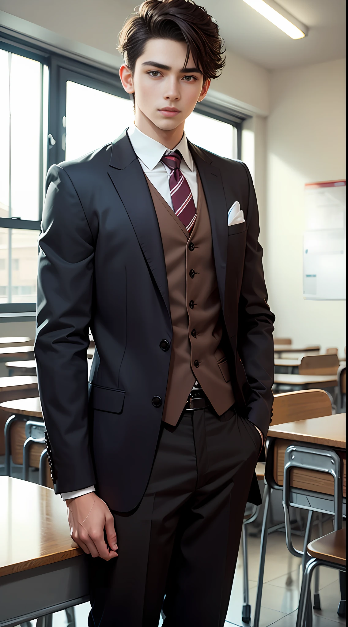 A young handsome boy stands at school