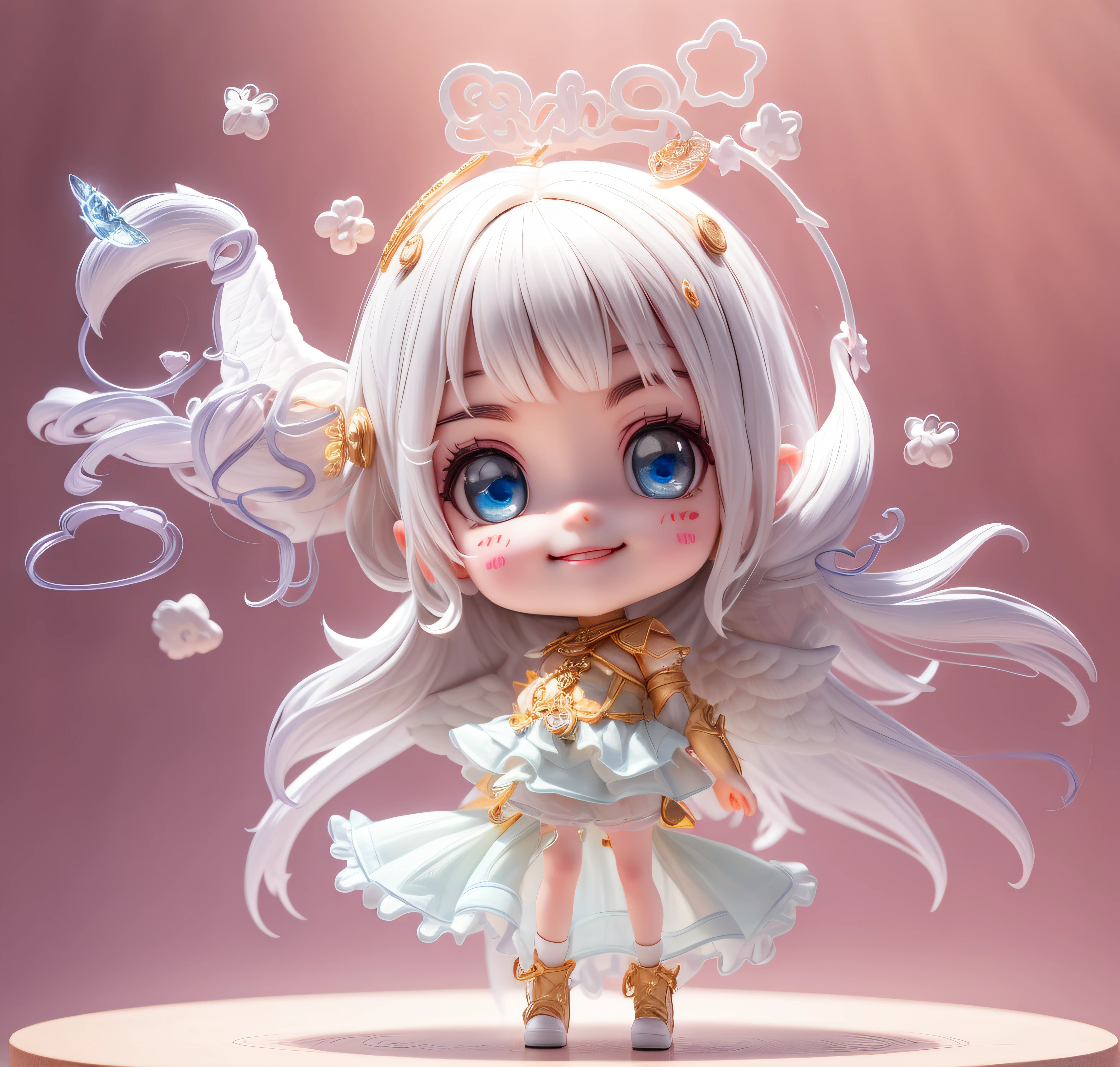 (巨作), (Best quality), (Super detailed), (full body: 1.2), 1 girl, tchibi, kawaii, Smile, Heavenly Dao, Angel Cosplay, Blushing, 3, Long hair, Angel wings, Blurred, White hair, Blush Sticker, bangs, Angel Ring on the Head (Beautiful detailed face), (Beautiful detailed eyes),Thumbs up,Dita, Full body display, Being in a Magic Circle,