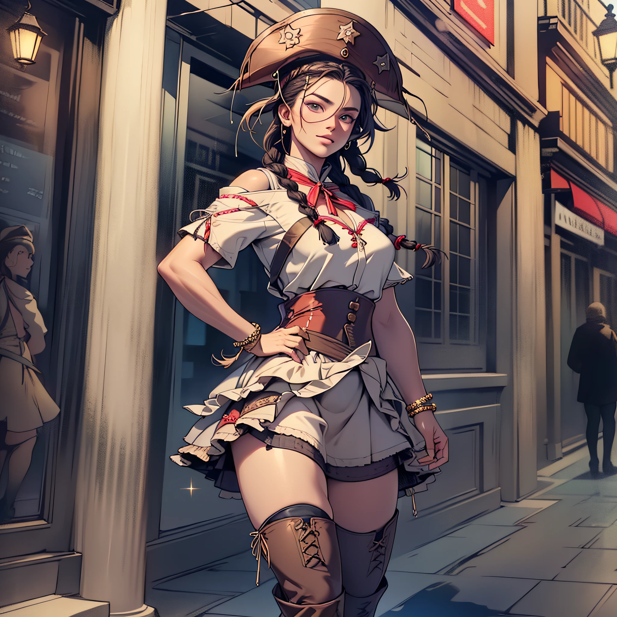 beautiful woman wearing cangaceiro clothing, braided hair, skirt, stockings, boots, solo, cangaceiro hat night at town, backlighting, sparkles, digital colors, vibrant picture, perfect design, bullet belt, masterpiece, highres, detailed picture, detailed face, detailed eyes, full body, perfect face