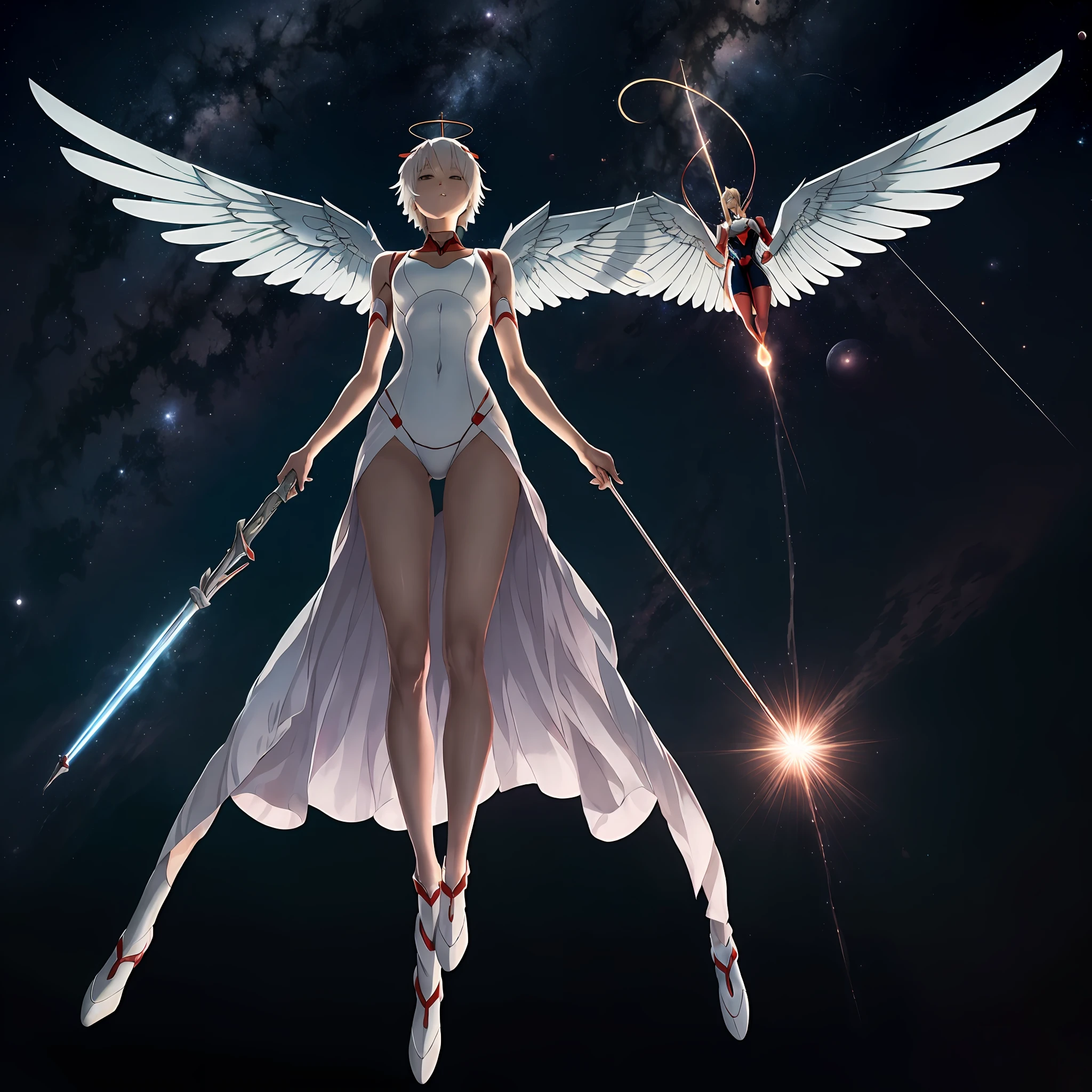 ayanami rei,Shin Evangelion,space,frontage,Head up,Armed with the gun of Longinus,Huge wings on the back,The holy light is shining overhead,Soaring,the detail,One man only,Arms spread wide --auto
