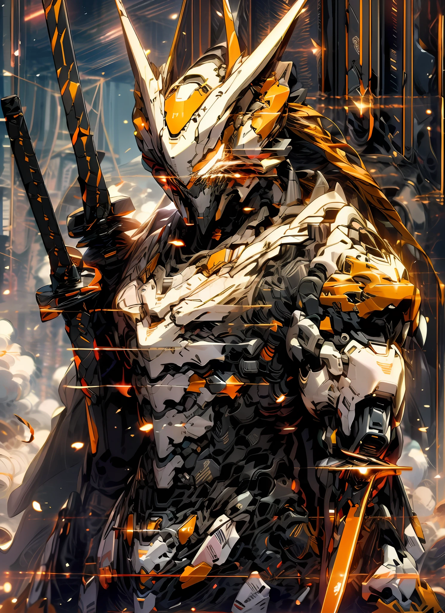 Skysky,clouds,Holding_arma,No_Humanity,with light glowing,White robot,buliding,Glowing_Eyes,Mecha,scientific fiction,城市,Realistis,Mecha,metallic reflective,Laser sword,metallic luster,Angular,flame of war,Space war