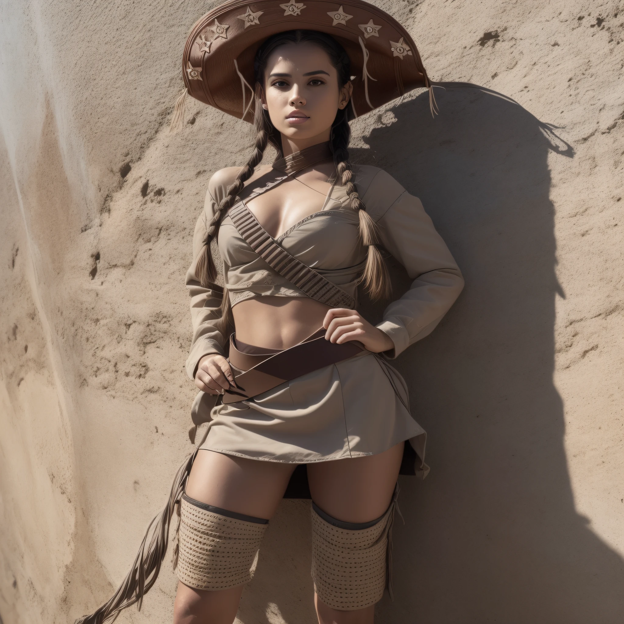 Mulher bonita vestindo roupa de cangaceiro, Plaits Hair, segurando uma carabina, saia, Botas, sozinho, Cangaceiro Hat, cacto fundo, ambiente empoeirado, luz do sol quente, imagem vibrante, design perfeito, Bullet belt, master part, Altas, imagem detalhada, Rosto detalhado, Olhos detalhados, corpo inteiro, rosto perfeito, (((cinematic ilumination)))