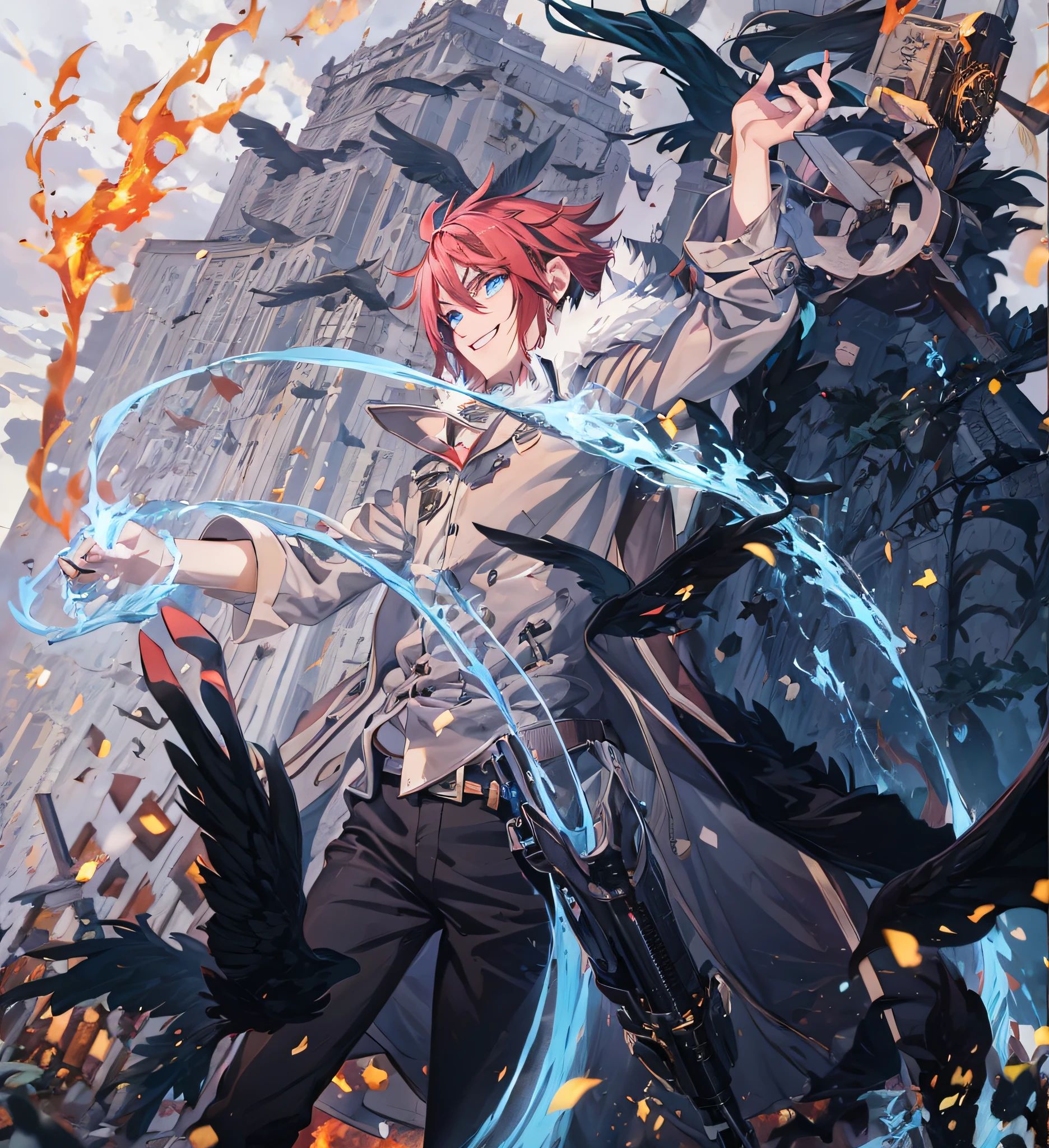 Male protagonist smiling with red hair and blue eyes from the anime in a battle with fire and smoke, anime badass , anime fantasy and high definition , protagonista no centro fazendo uma pose , sorrindo , Motor Unreal 5 , foco nítido , fundo borrado