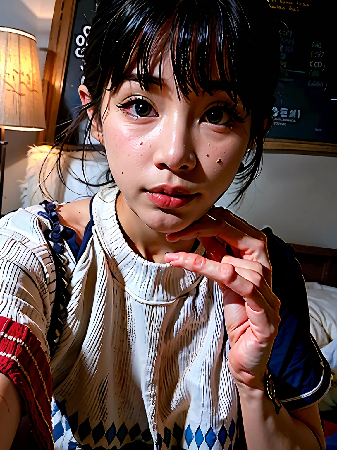 there is a woman that is posing for a picture in a room, ulzzangs, dang my linh, young cute wan asian face, Korean girl, personal profile picture, Choi Hyun-hwa, very very low quality, 8k selfie photograph, 1 8 I, very low quality, lalisa manobal, jaeyeon nam, wan adorable korean face