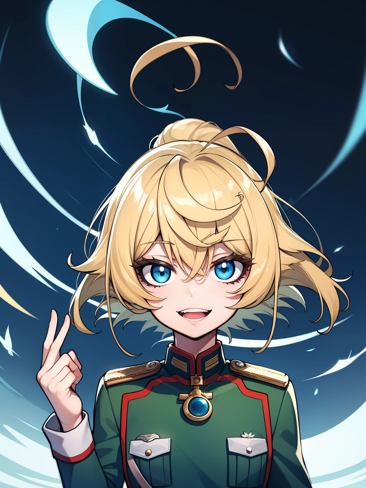 Tanya Degurechaff, Uniforme militar, sorriso psico, baixa estatura, Olhos assassinos, Olhos Psicopatas, Lanternas