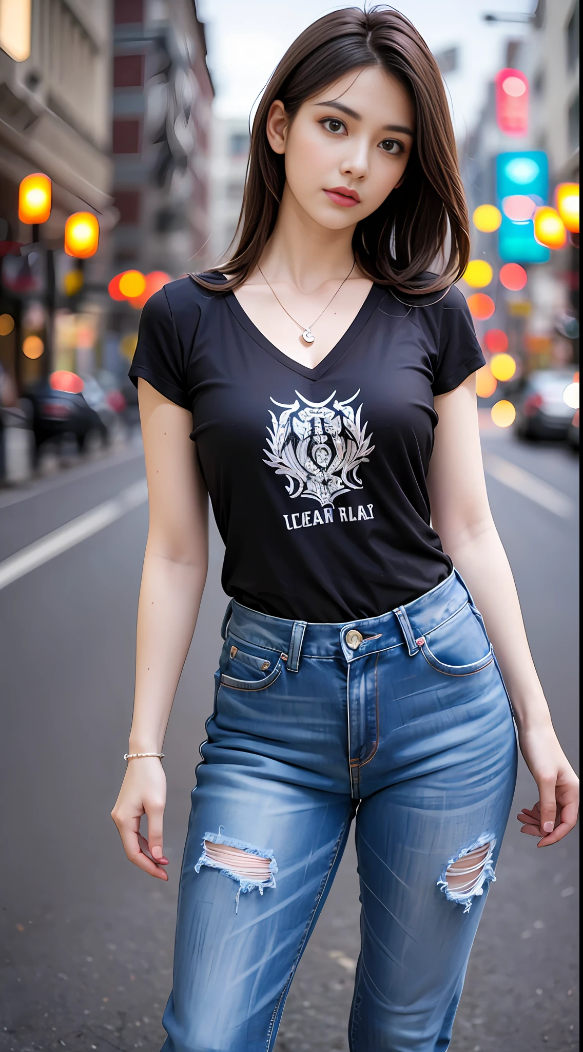 ((Realistic Lighting, Top Quality, 8K, Masterpiece: 1.3)), Clear Focus: 1.2, 1 Girl, Perfect Body Beauty: 1.4, 1.1, Full Body, ((Dark Brown Hair, Big: 1.3)), (Acceleration: 1.4), (Outdoor, Night: 1.1), Street, Slender Face, Narrow Eyes, Double Eyelids, fashion model pose, messy hair, floating hair, t-shirt, jeans, necklace, Indian face, Tirkish face, beautiful girl