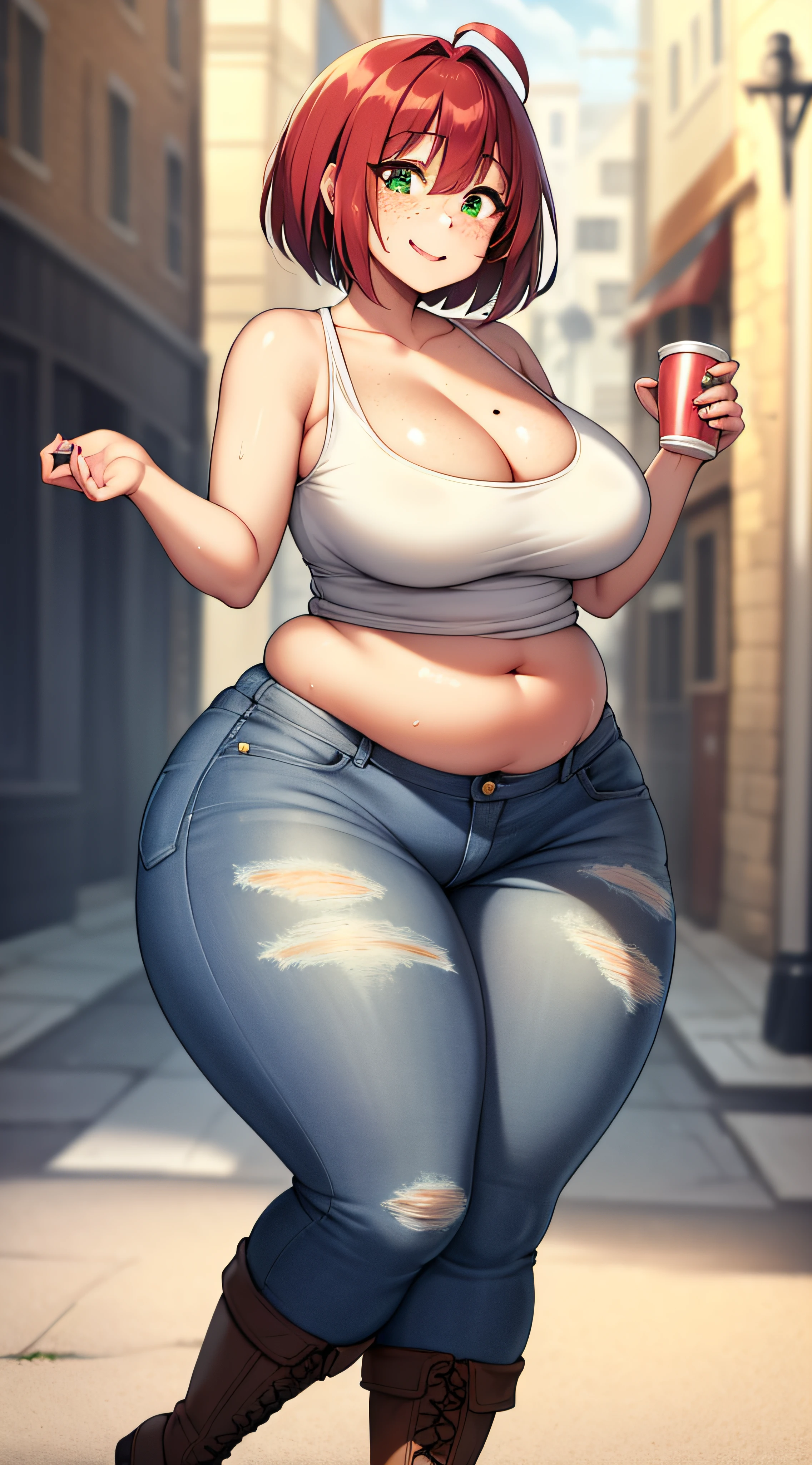 Masterpiece, high quality, (highres:1.4), best quality, beautiful, HD, perfect lighting, detailed face, (ultra cute face), detailed body, 1girl, solo, ( hotify:1.2), red hair, short hair, bob cut, bangs, green eyes, freckles, pale skin, looking at viewer, happy, sweet smile, smiling, light blush, light sweat, ((white tank top)), (jean shorts), (her jeans are tight on her), tight jeans, ankle high brown boots, medium breasts, (cleavage), perky breasts, ((wide hips)), (((thick thighs))), thicc, sexy pose, dynamic pose, facing to the side, midriff, navel, ((chubby,)) (((pudgy belly))), belly grab, fat rolls, belly hang, she has a soft jiggly belly, tight clothes, in public, street, town,