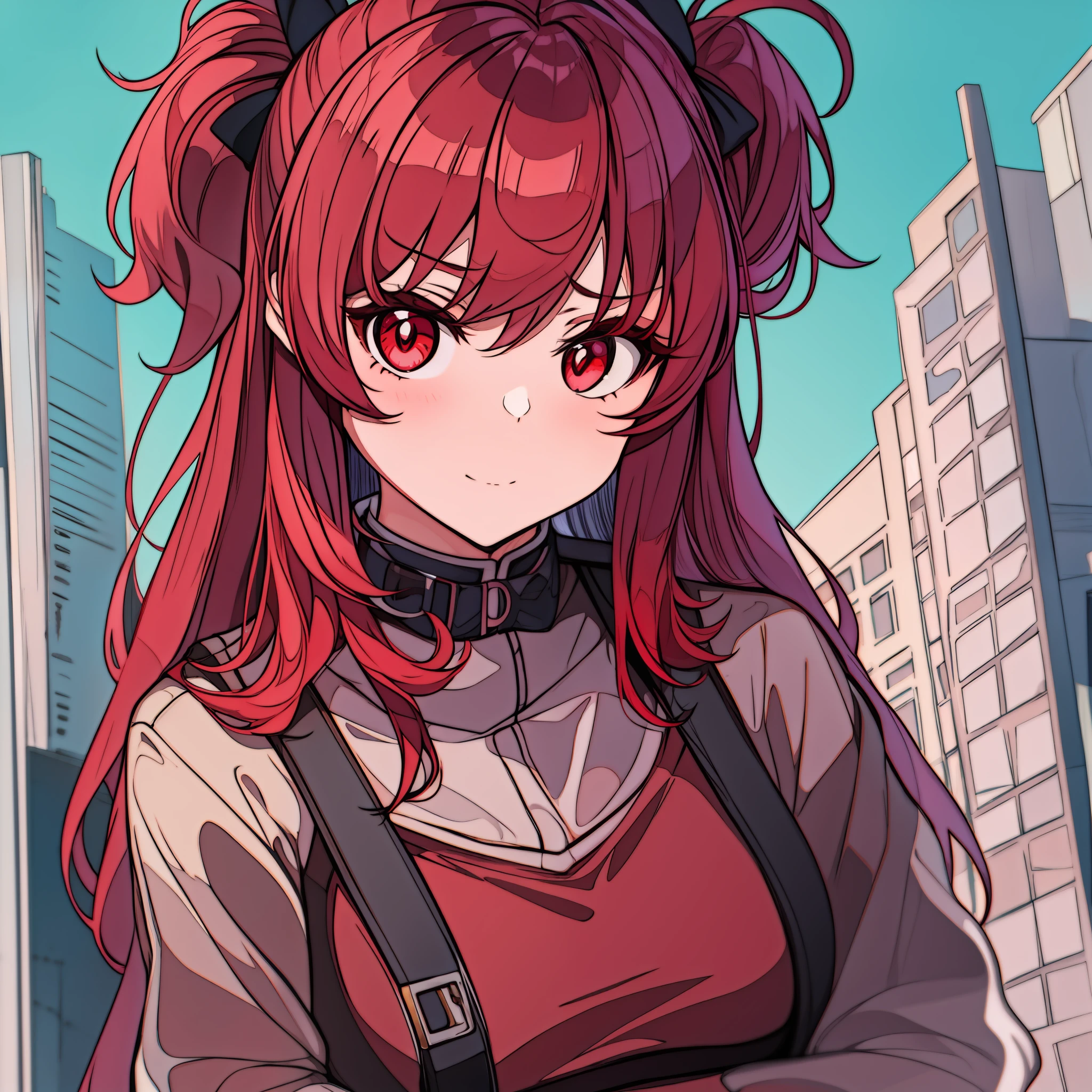 Smaller age female with red hair and red eyes, tsundere