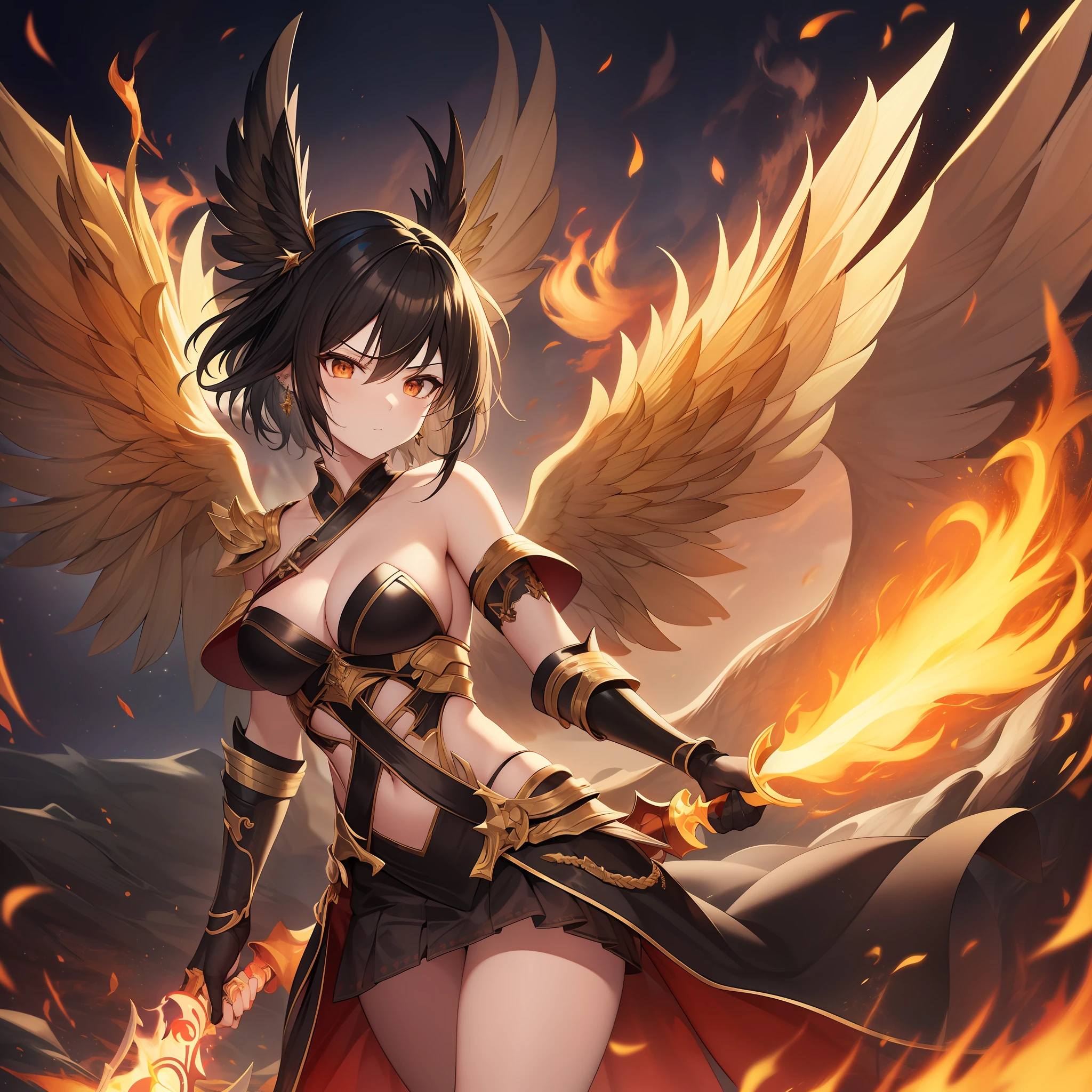 Fallen Angel,male people,ember,Short-haired black hair,large black wings on the back,cool expression,glaring,Holding a flame effect big sword in his left hand,Black armor,skirt by the,full bodyesbian,Bold poses,high-level image quality,hight resolution,8K,Fantasia,piercings,Plenty of detail,Final quality,Fractal art,masterpiece,realisitic,