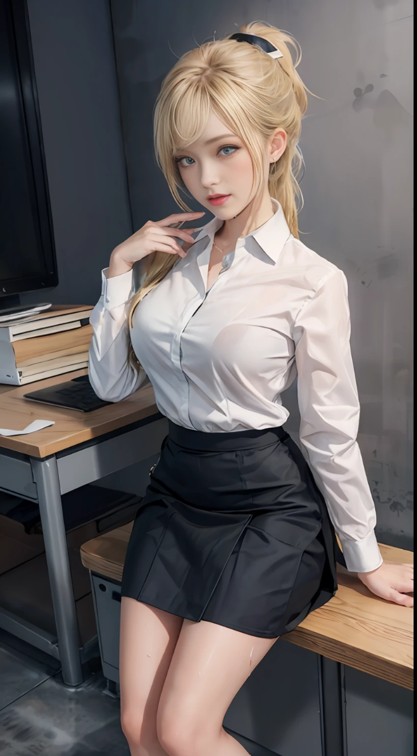 High quality, best quality, masterpiece, 8K, ultra-real, ridiculous, vibrator in panties, 1 girl, office, blonde, business suit, pen holder skirt, standing with legs extended: 1.1, blush, ponytail, wet panties, sitting, wet floor, (open clothes, expose entire breasts, flirt skirt: 1.1),