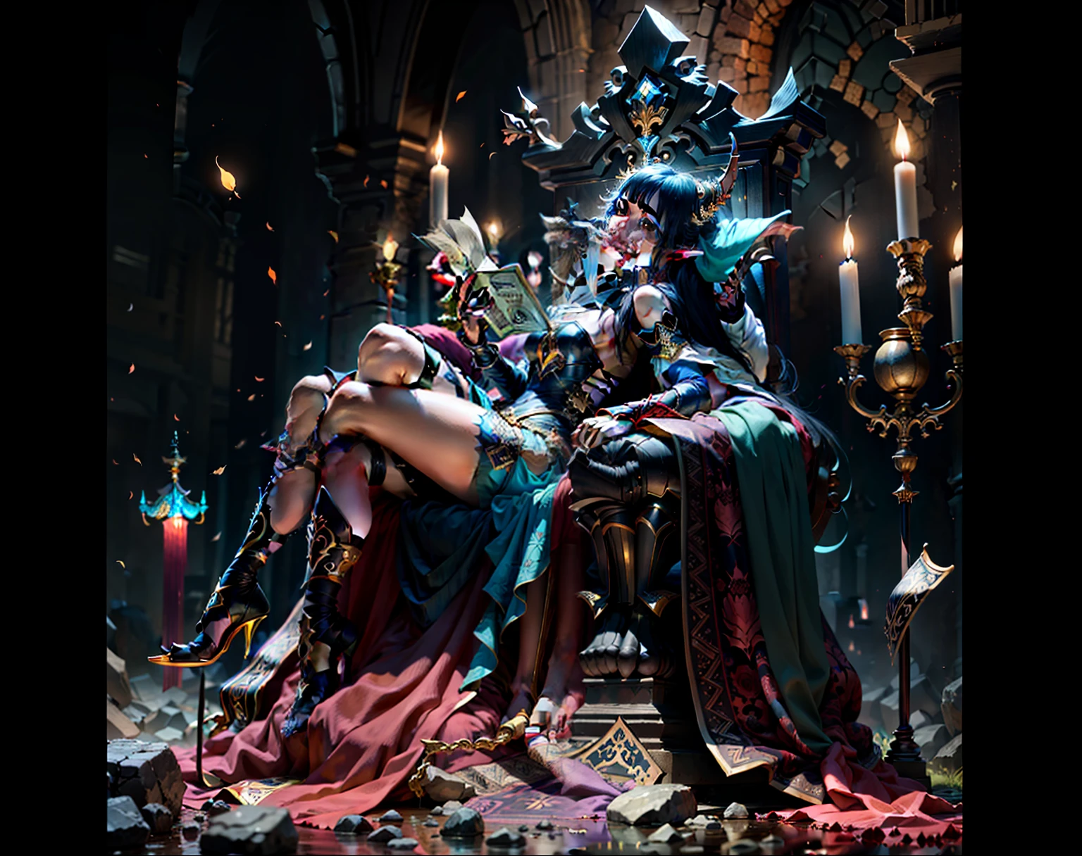 dark elf girl sitting on a throne, knight kissing her foot