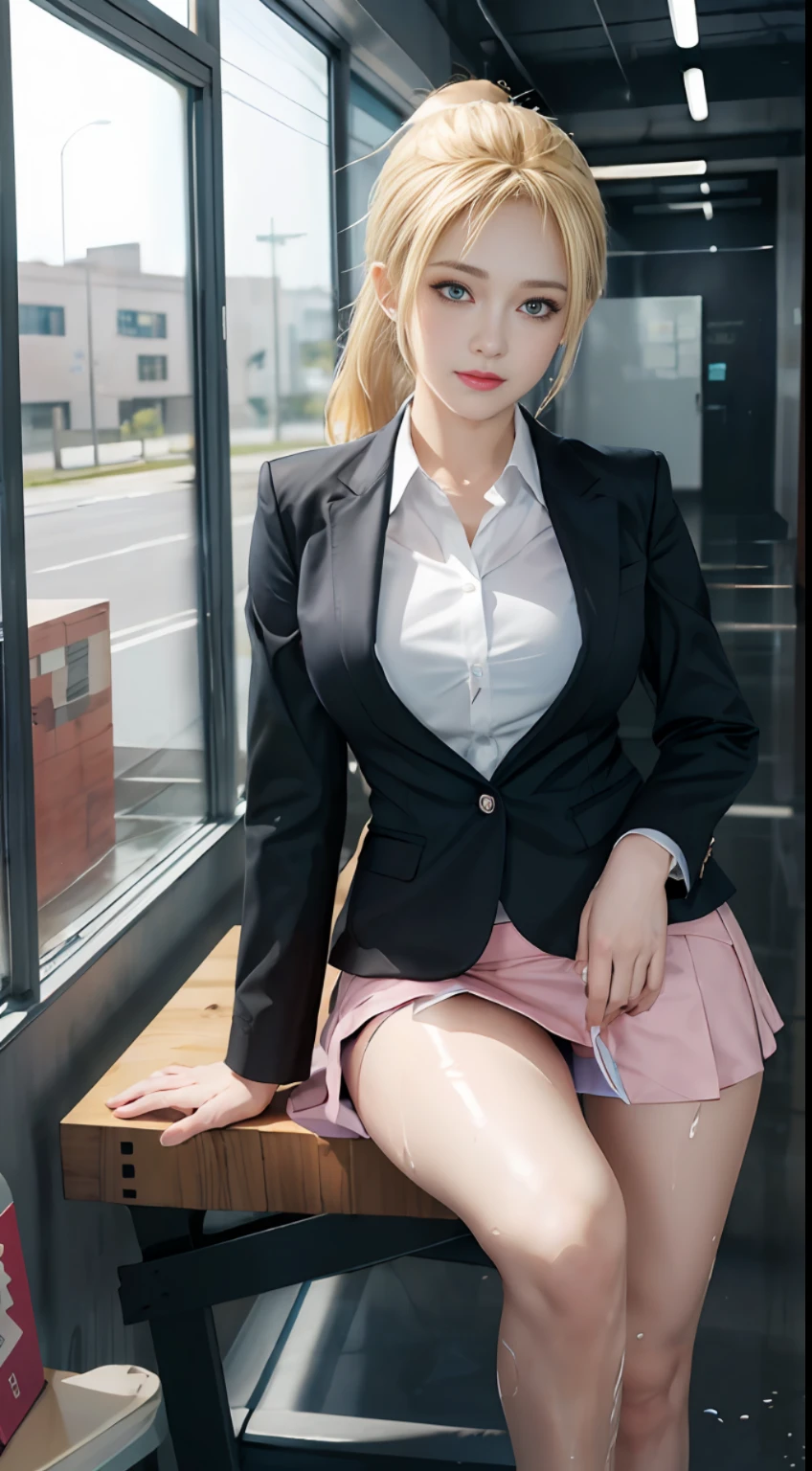 High quality, best quality, masterpiece, 8K, ultra-real, ridiculous, vibrator in panties, 1 girl, office, blonde, business suit, pen holder skirt, standing with legs extended: 1.1, blush, ponytail, wet panties, sitting, wet floor, (open clothes, expose entire breasts, flirt skirt: 1.1),