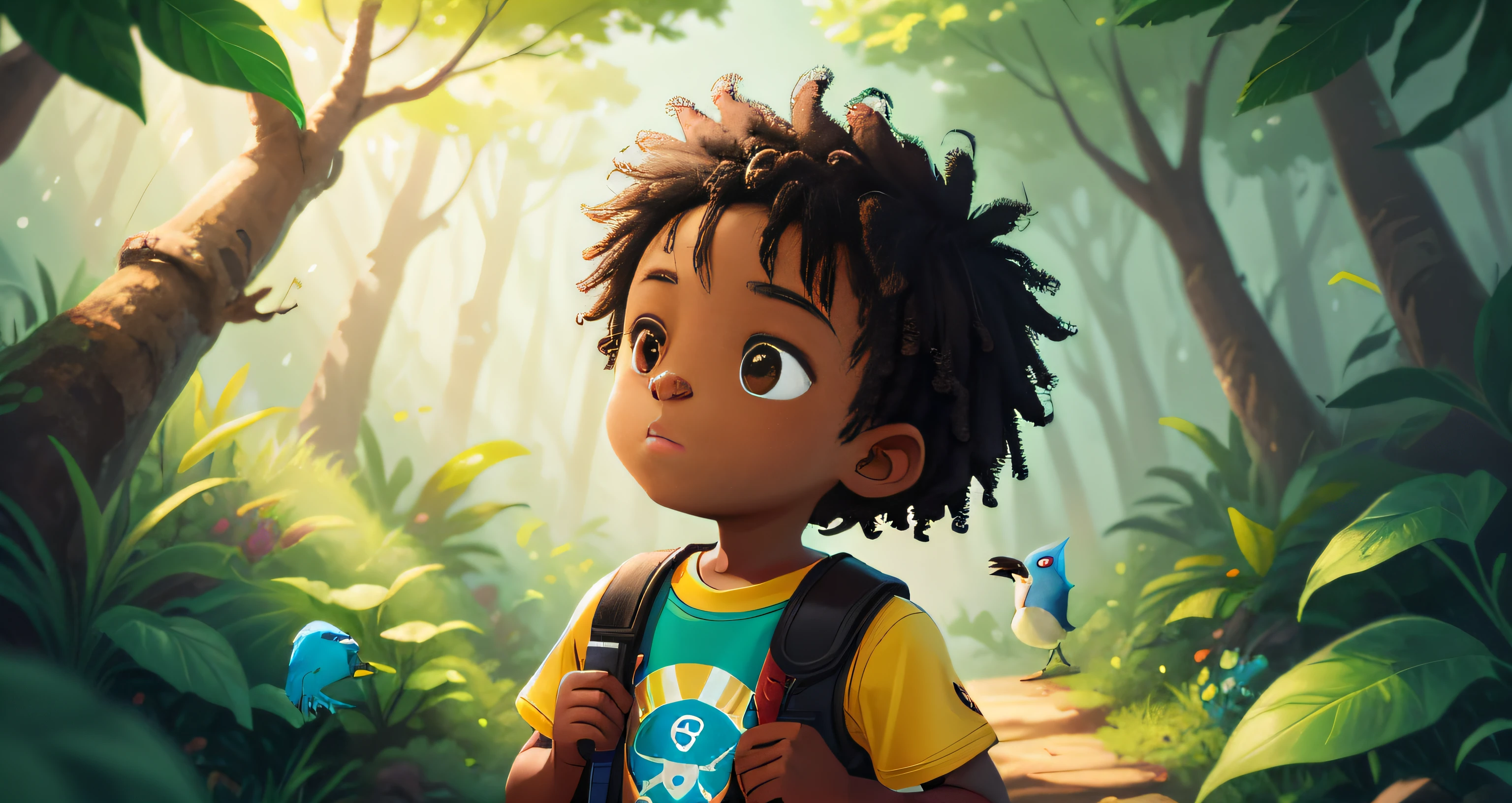 Kofi, um menino NEGRO curioso de 4 anos, estava brincando na floresta quando ouviu um som misterioso. He followed the sound and found a beautiful colorful feathered bird named Sankofa. Sankofa falou para Kofi: "Come with me on a magical journey, and I'm going to teach you amazing things about the past!"