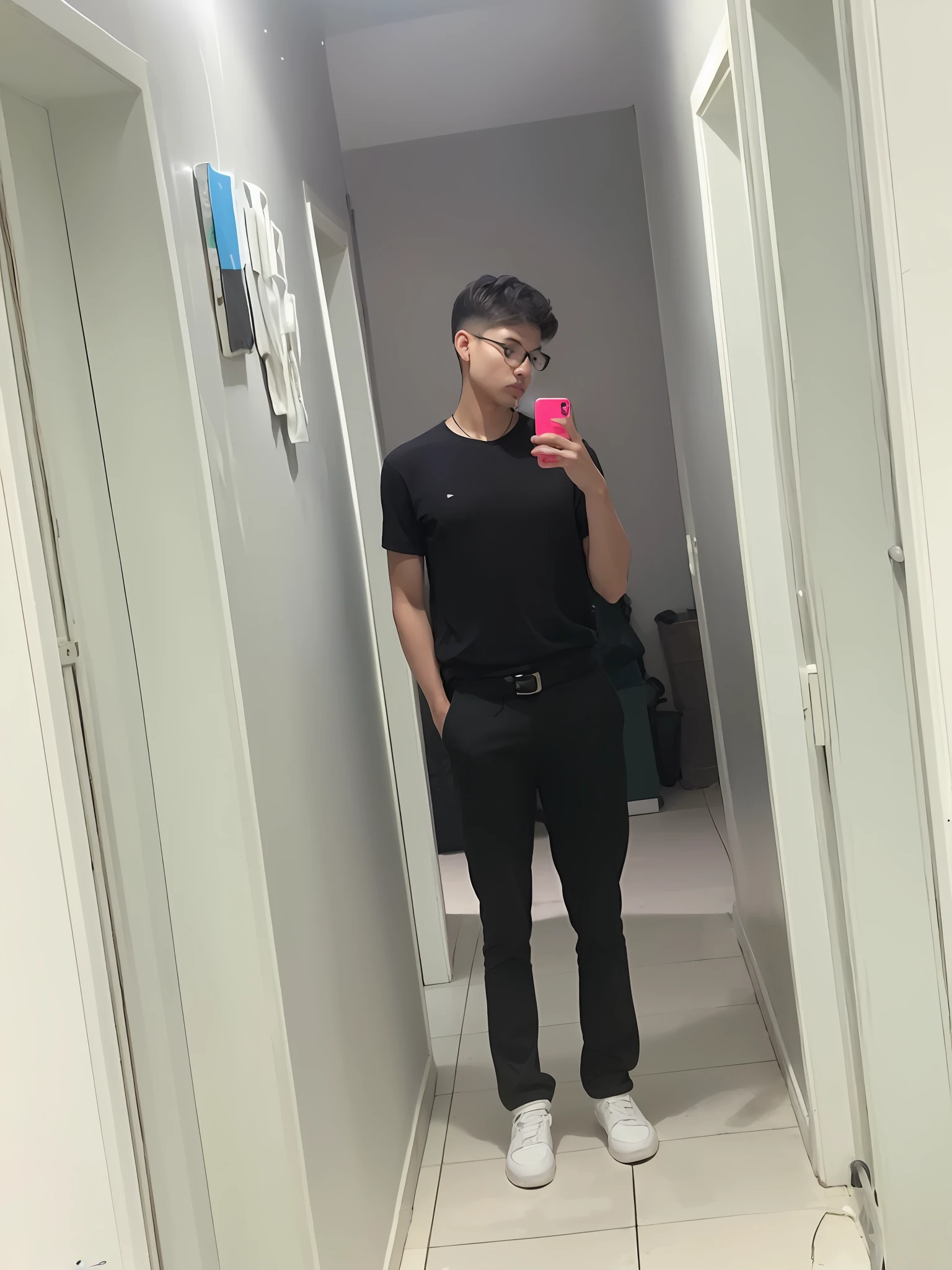 there is a man standing in a hallway taking a selfie, full body picture, fit pic, he is wearing a black t-shirt, around 1 9 years old, outfit photo, full body!, 18 years old, taken in the early 2020s, 21 years old, wearing pants and a t-shirt, 2 2 years old