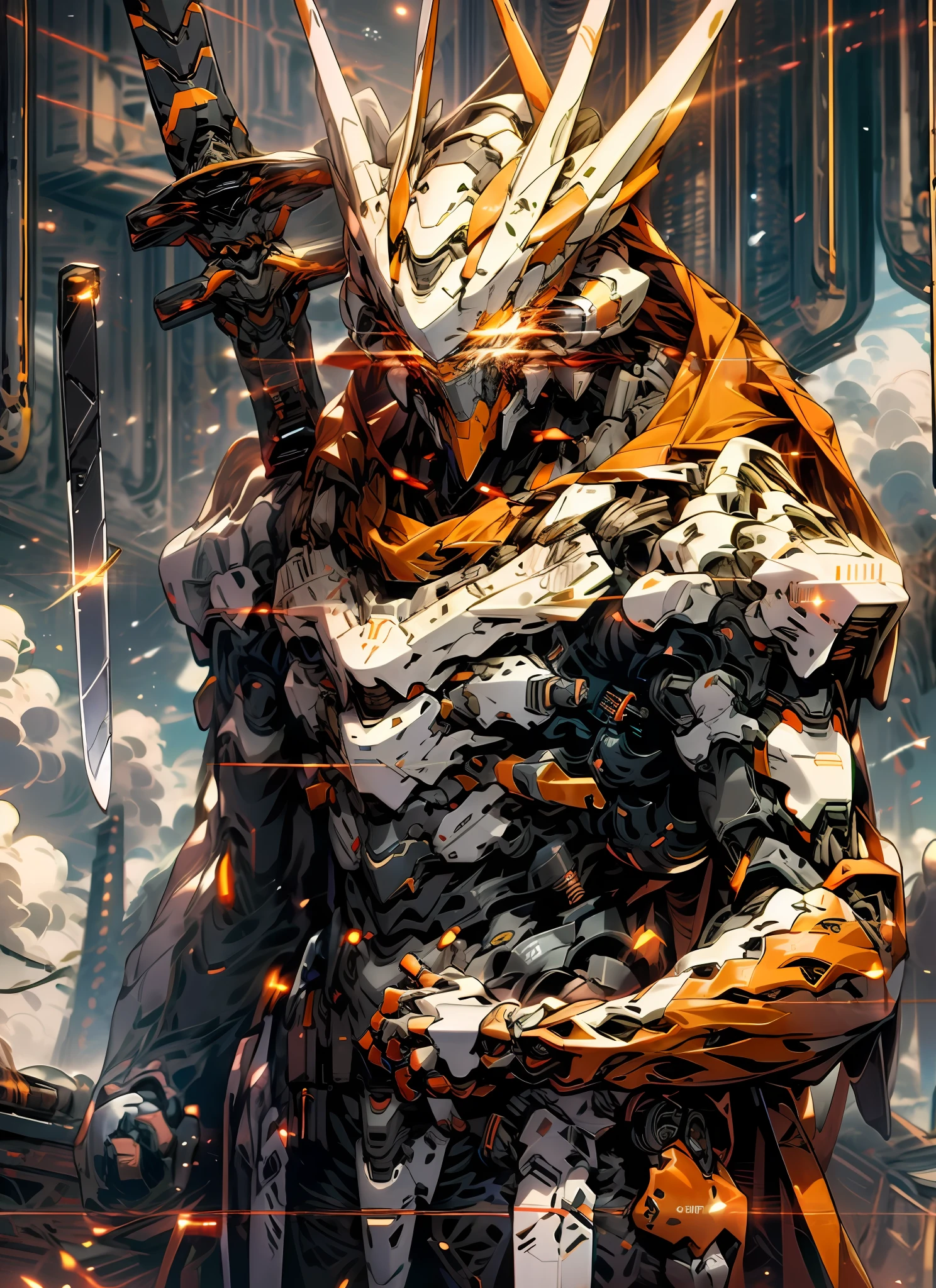 Skysky,clouds,Holding_arma,No_Humanity,with light glowing,White robot,buliding,Glowing_Eyes,Mecha,scientific fiction,城市,Realistis,Mecha,metallic reflective,Laser sword,metallic luster,Angular,flame of war,Space war