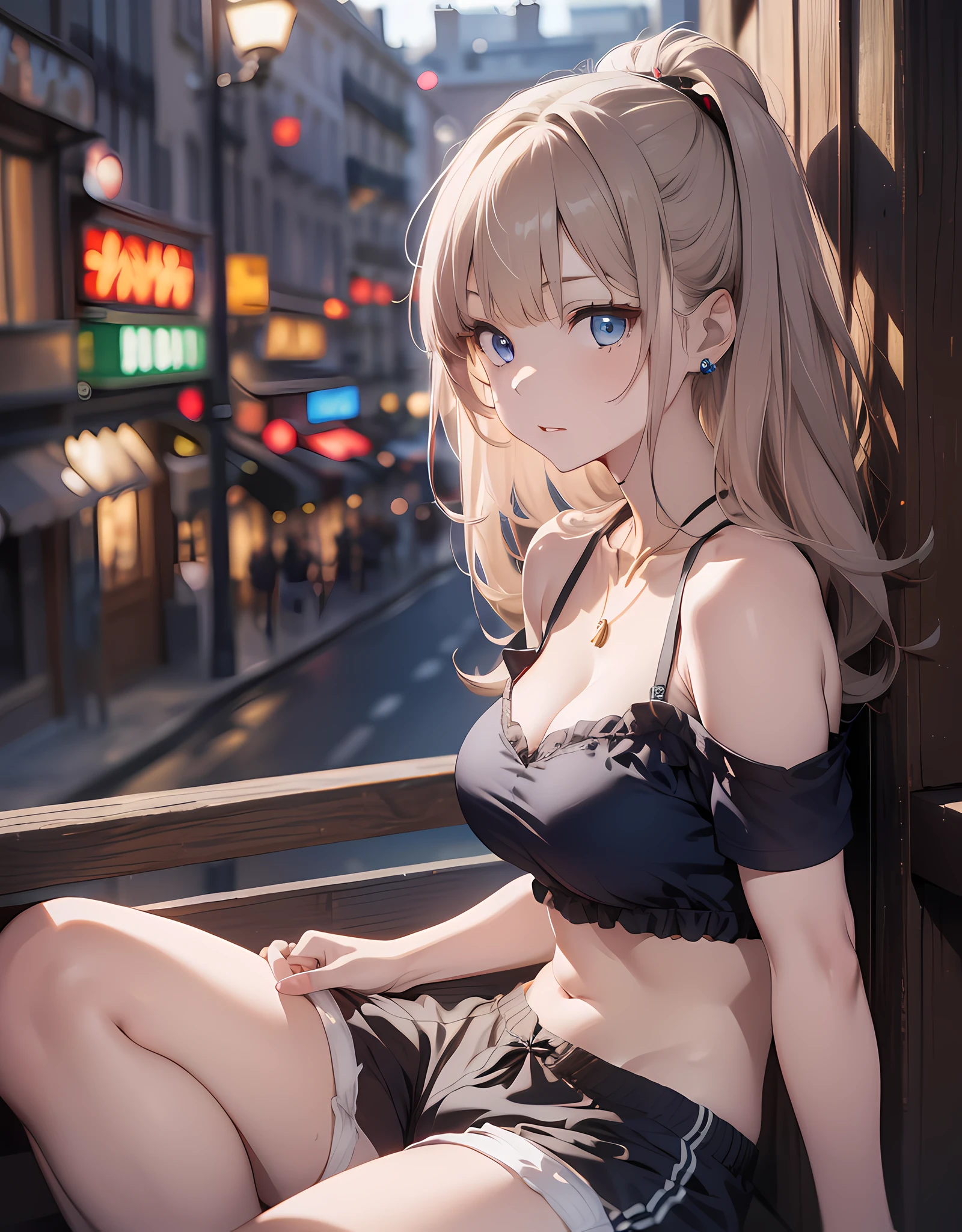 1girl, (solo:1.2), ((masterpiece)), [slim], (large breasts:1.27), (pale skin:1.3), ((detailed blue eyes)), (bokeh effect), (dynamic angle), dynamic pose, Paris cozy cafe, starry brown eyes, chestnut with wavy hair, (white bare shoulder silk tops and a shorts:1.3), necklace, ring earing, arms down, hands between legs,