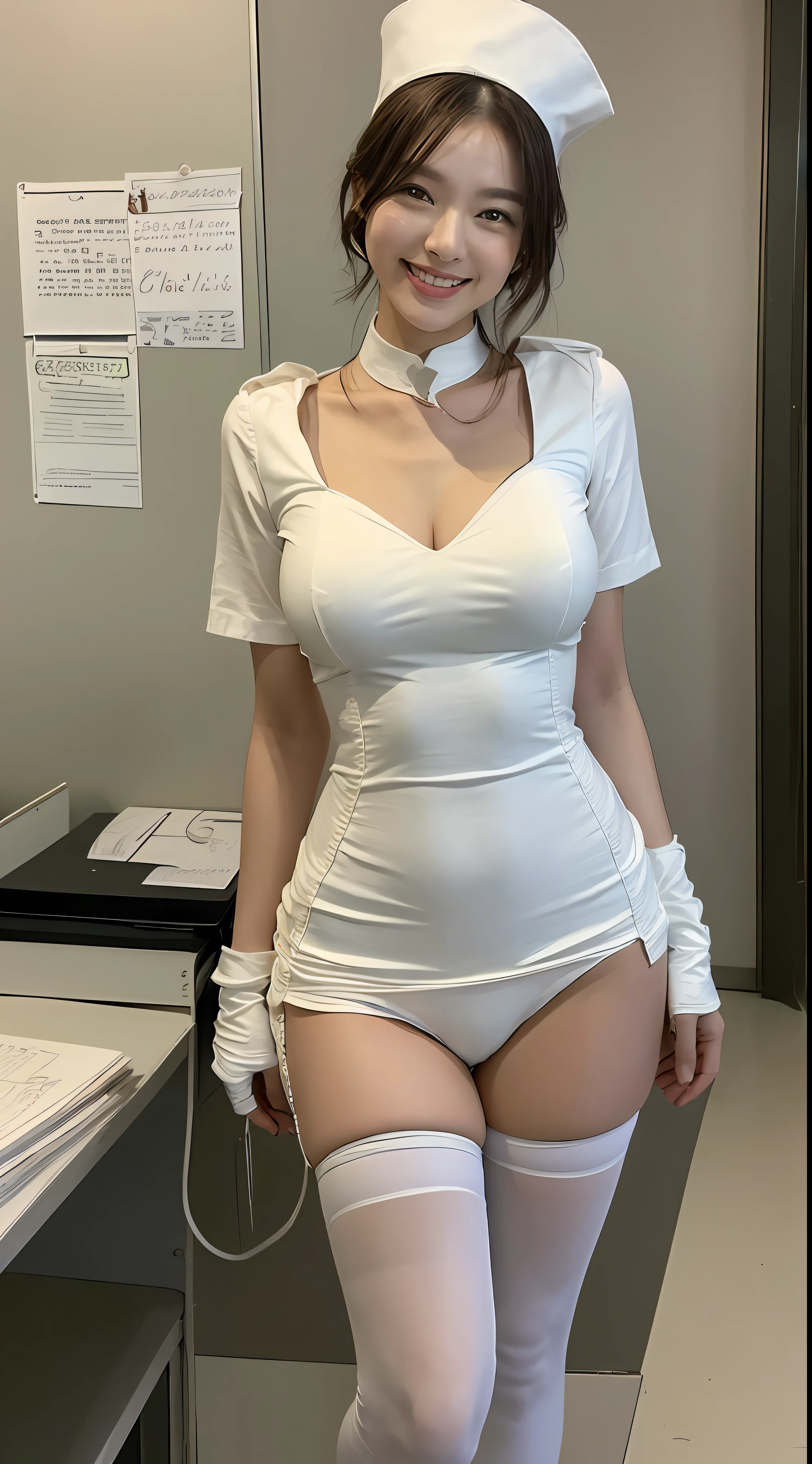 ((top-quality、masterpiece:1.3)), fullllbody, long legged, foco nítido:1.2, Cute woman with perfect body shape smiling face:1.4, Slender Abs:1.1, ((dark brown hair、hugetits:1.2)), (White nurse cap:1.5、White nurse costume、White thin stockings、White high heels, is standing:1.2), ((s Office:1.3)), Highly detailed facial and skin texture, A detailed eye, 二重まぶた、hugetits、You can see up to your feet