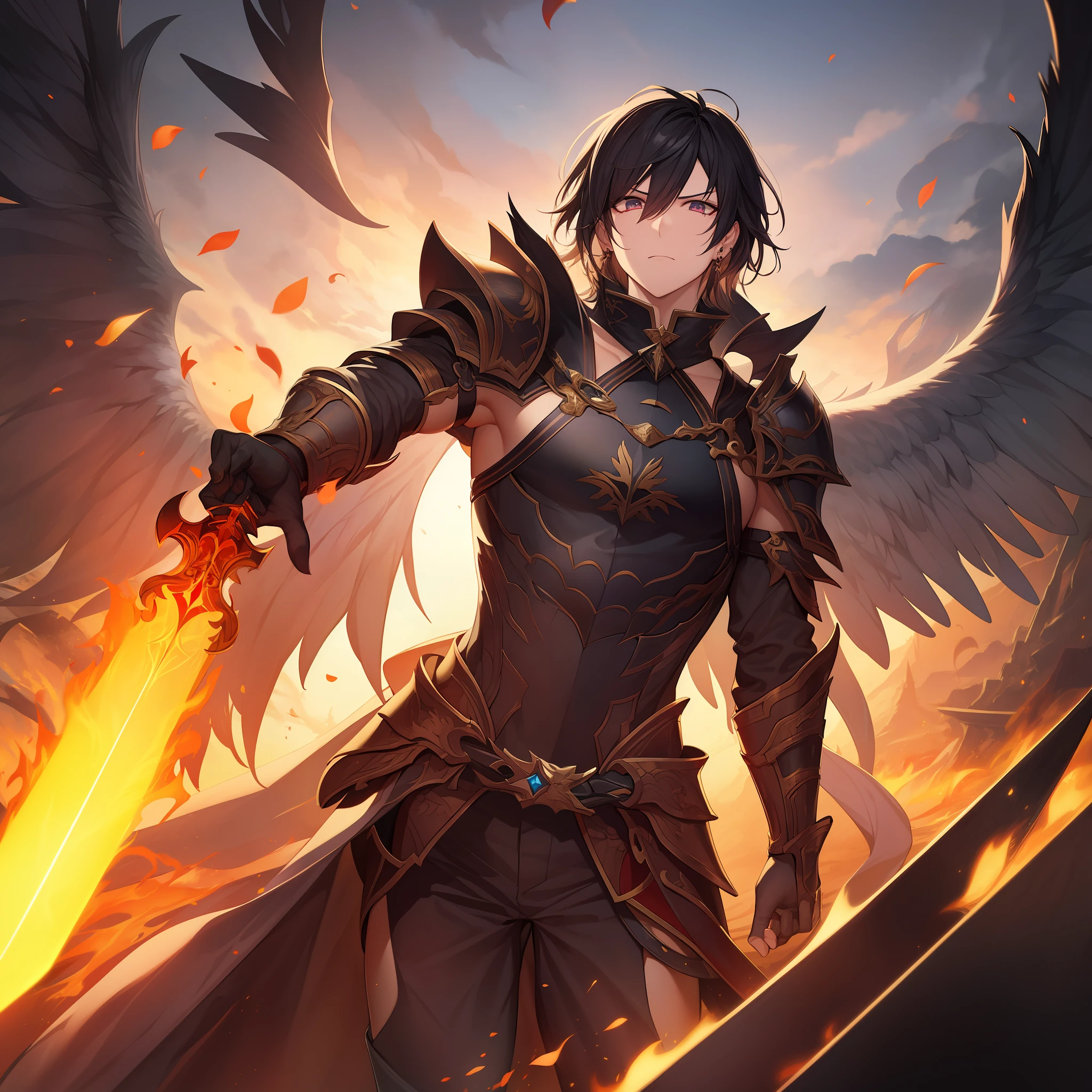 Fallen Angel,male people,ember,short black hair,large black wings on the back,cool expression,glaring,Holding a flame effect big sword in his left hand,Black armor,full bodyesbian,Bold poses,high-level image quality,hight resolution,8K,Fantasia,1 piercing,Plenty of detail,Final quality,Fractal art,masterpiece,realisitic,