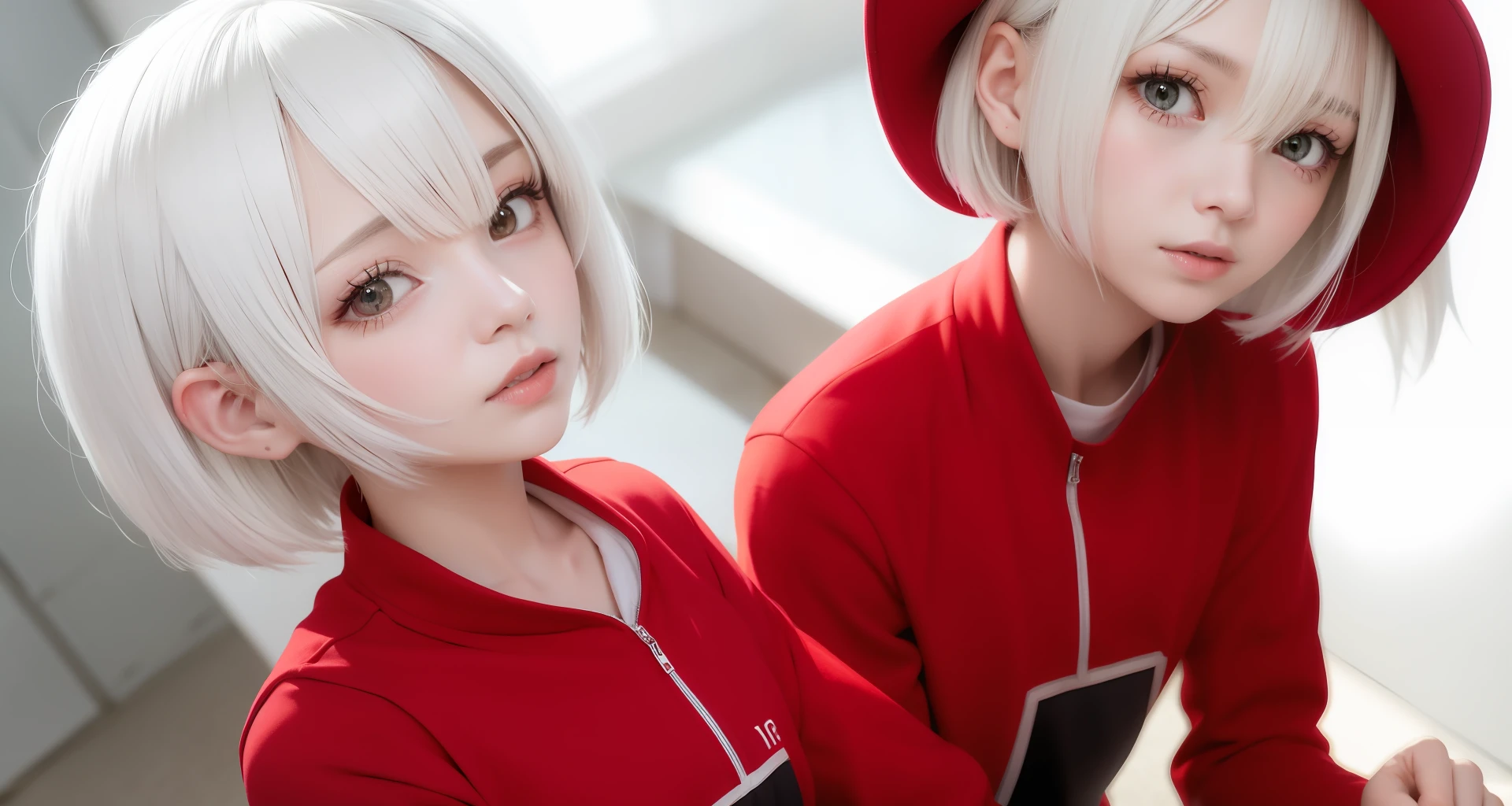 White hair, short hair, red clothes, anime, beautiful