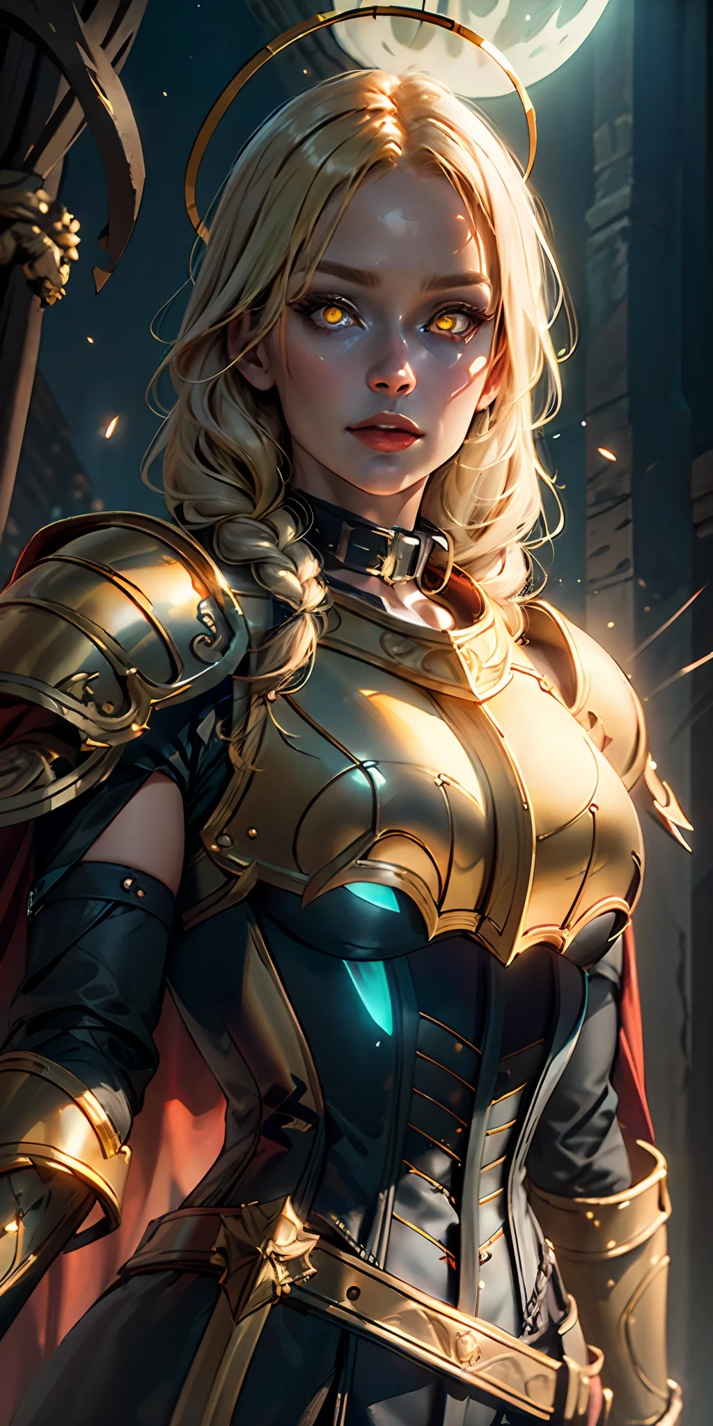 upper body of paladin lady in ornate golden armor, black collar, pauldrons, breastplate, corset, glowing halo, single braid, blonde, yellow glowing eyes, bright pupils, eye focus, red cape, temple indoors, stained glass windows, night, moonlight, particles, light beam, chromatic aberration