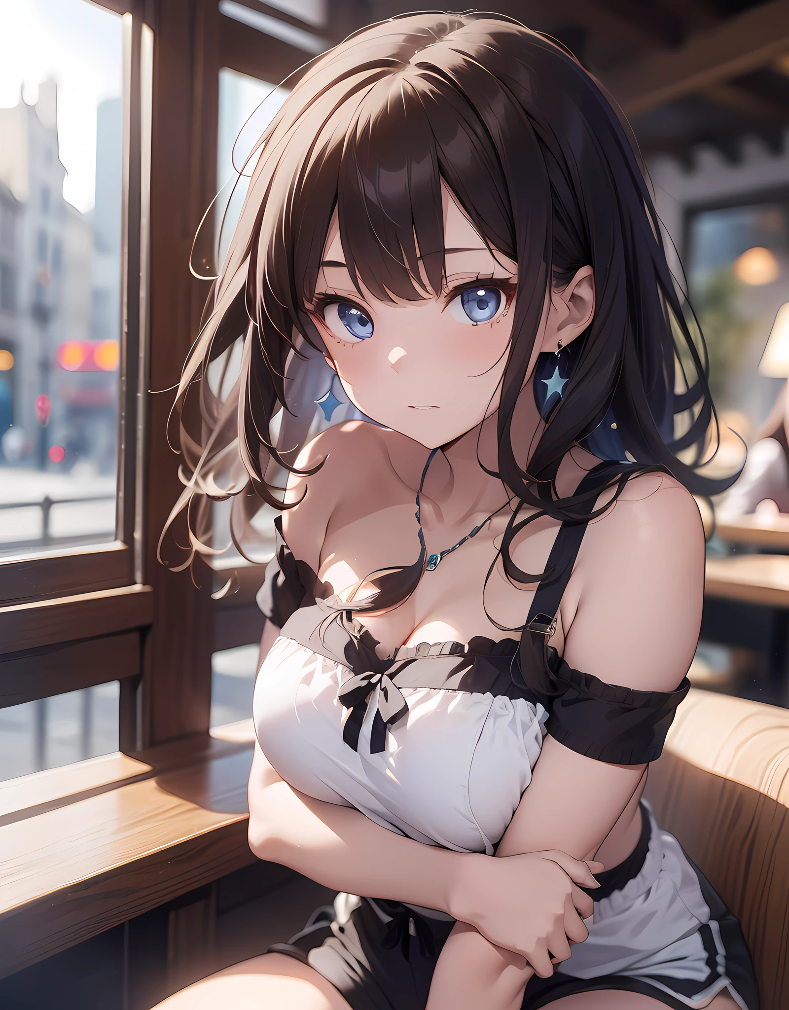 1girl, (solo:1.2), ((masterpiece)), [slim], (large breasts:1.27), (pale skin:1.3), ((detailed blue eyes)), (bokeh effect), (dynamic angle), dynamic pose, Paris cozy cafe, starry brown eyes, chestnut with wavy hair, (white bare shoulder silk tops and a shorts:1.3), necklace, ring earing, arms down, hands between legs,