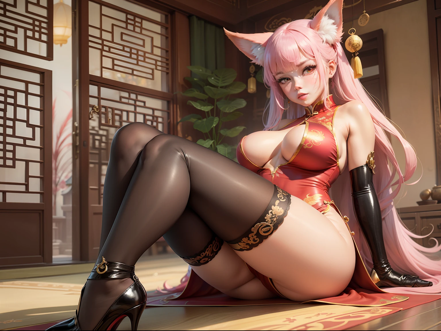 Knee socks，Large breasts, Pink hair, double tails, upper legs, white thighhighs, Pink clothes, Long legs, No bra, High heel，Red high heels, Bare_hindquarters, bangs, areola of breast, Elbow gloves, Chinese dress, Fat ass, hair tying, wears_navel, Looking_at_peeping at the viewer, Arms_Behind_Head, Blush, latex, Sleeveless_dress, Long hair, cosplay,Fantastic，straitjacket，Tight gloves，high-heels，Bring your feet together，Foot length，Sit，Chinese style cheongsam，on cheongsam，Gold ornaments，Gold lace，Long straight hair，Headbands, Thin body, Fair skin, Broad lighting，Glossy Clothes, White thigh socks,Chinese-style architecture，China-style，gazebo，Lace，laughingly，Quaint，Tight cheongsam，Flowing cheongsam，knee high stockings，White stockings，Translucent stockings，fox ear，Feminine eyes，Charming，Leg elongation， --auto