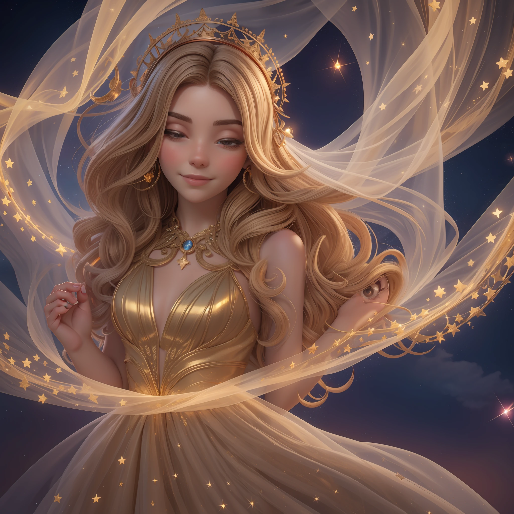 In this magical image, a curly-haired woman is wrapped in a veil of twinkling stars. Its fluttering curls seem made of pure magic, shining in shades of gold and copper. She is surrounded by a night sky filled with bright stars, which seem to dance around her. The atmosphere is charming and full of mystery, inviting viewers to get lost in a world of dreams and fantasy