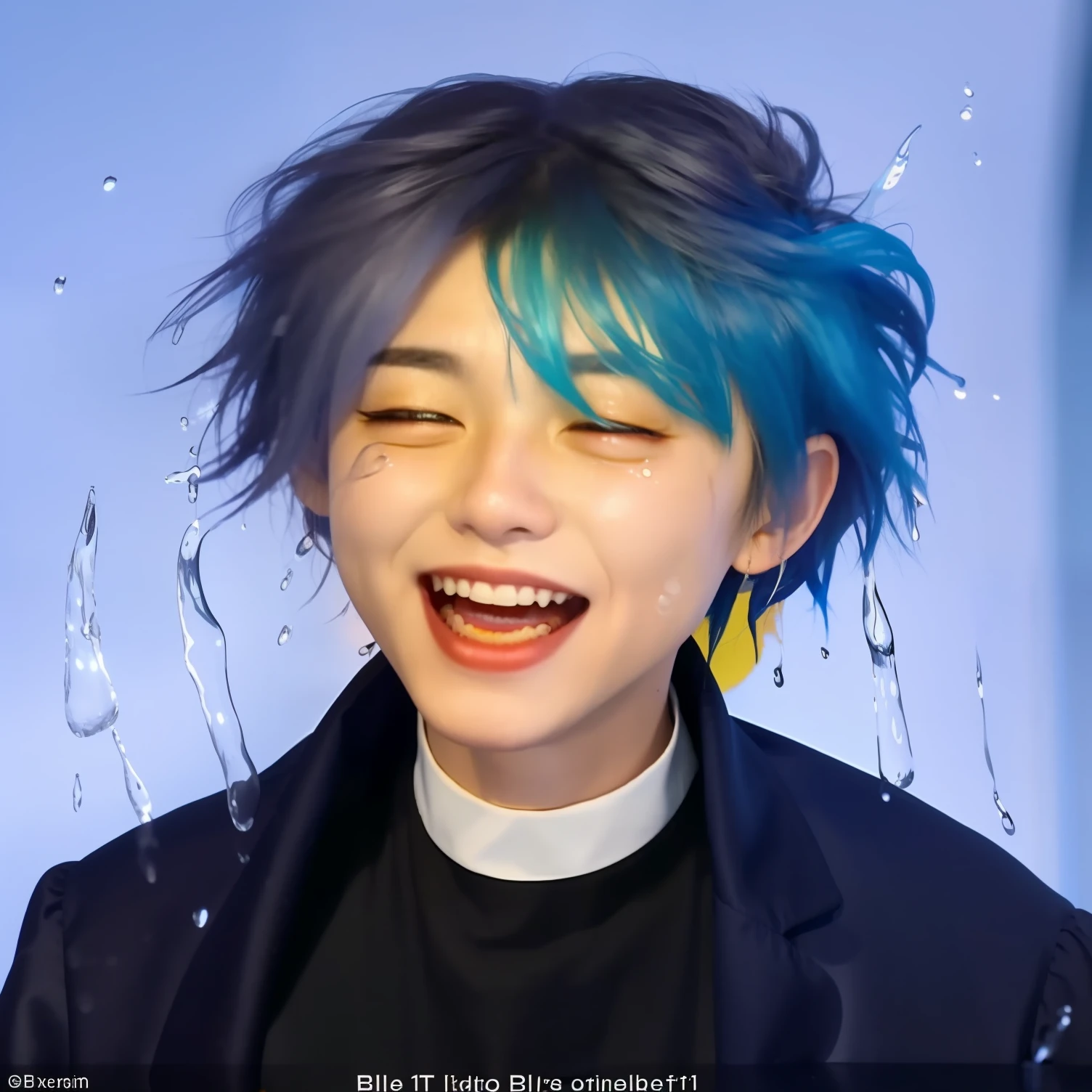 A close-up of a smiling face and a man with raindrops on his head, accurate jimin face, he has dark grey hairs, giga chad crying, bladee from drain gang, cursed images, billie eilish as a sad nun, he is smiling, smiling wryly, obscured face, tiktok video, tears running down face, xqc