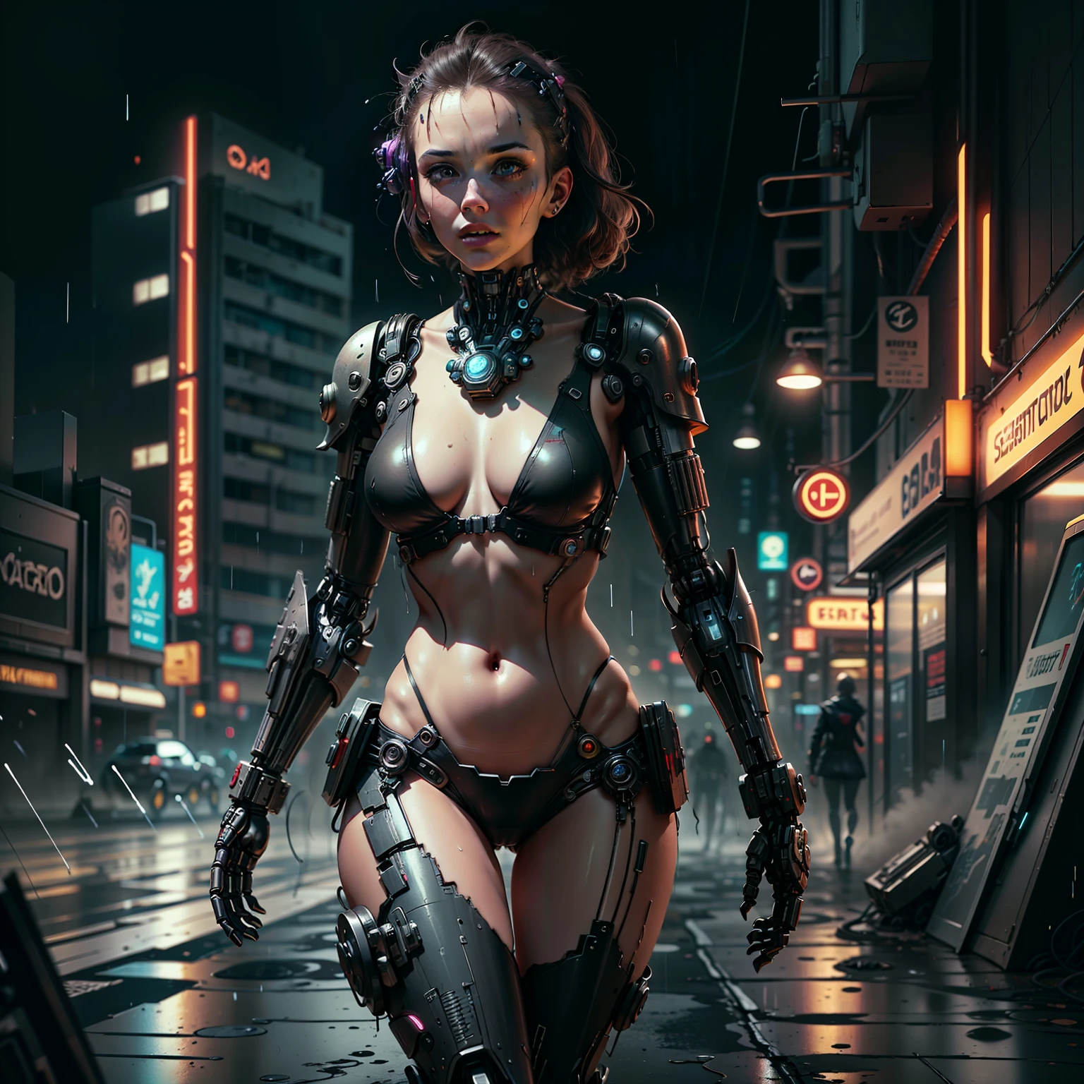 Girl wearing cyberpunk mech,perfect bodies,Bare chest,Walk away,raining day,Rain drips on the body,Electro-optical,salama,full bodyesbian --auto